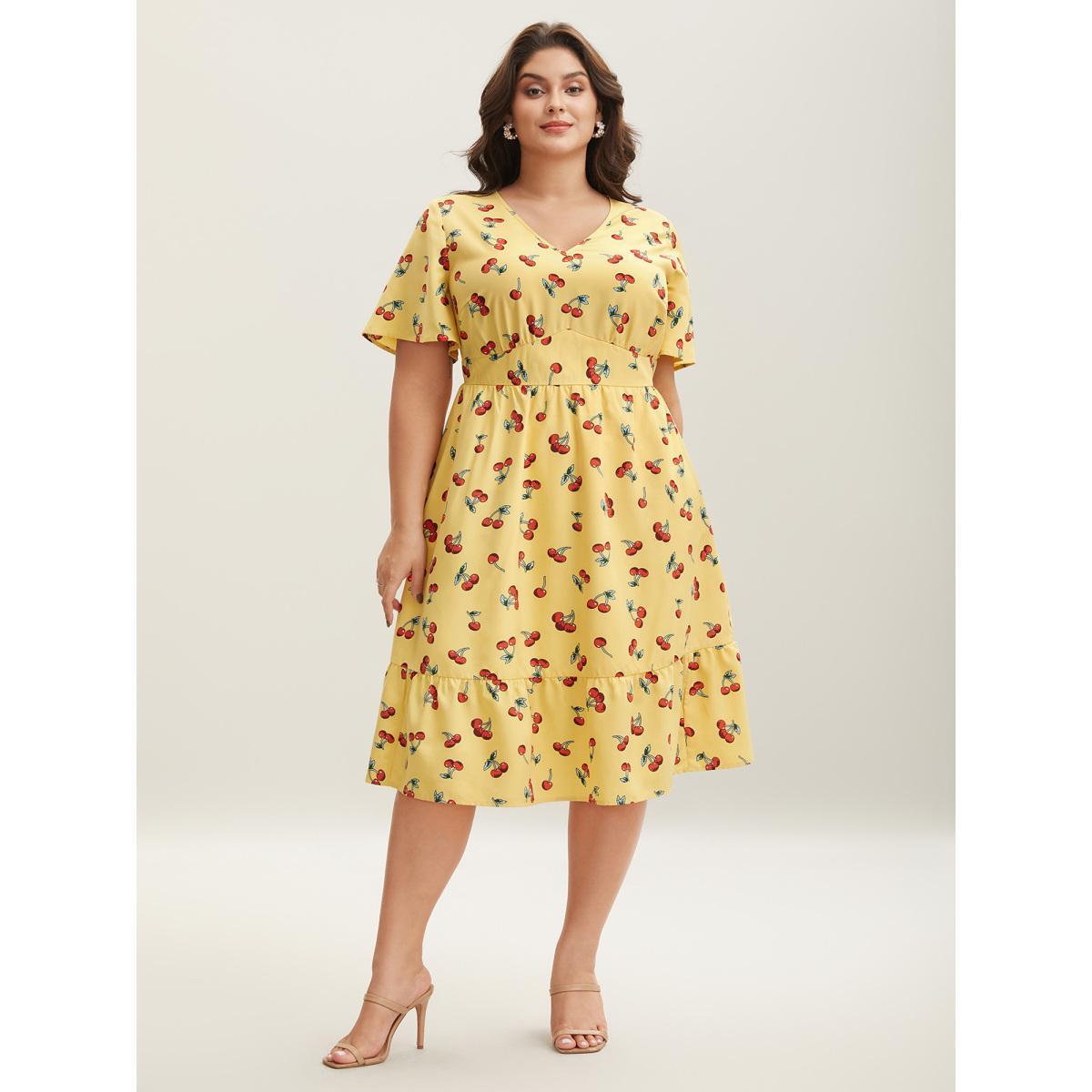 Plus Size Cherry Print Stretchy Cinched-Waist Midi Dress Lemonyellow Women V-neck Short sleeve Curvy BloomChic 18-20/2X Product Image