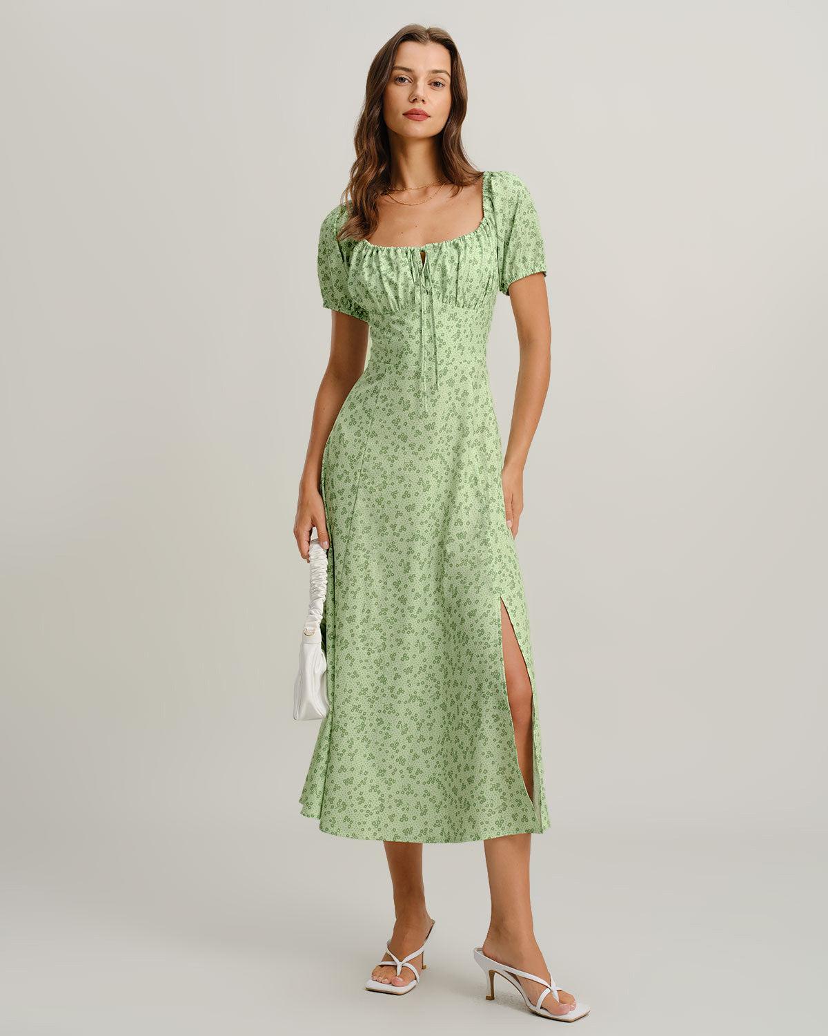 Green Floral Square Neck Puffed Sleeve Midi Dress Product Image