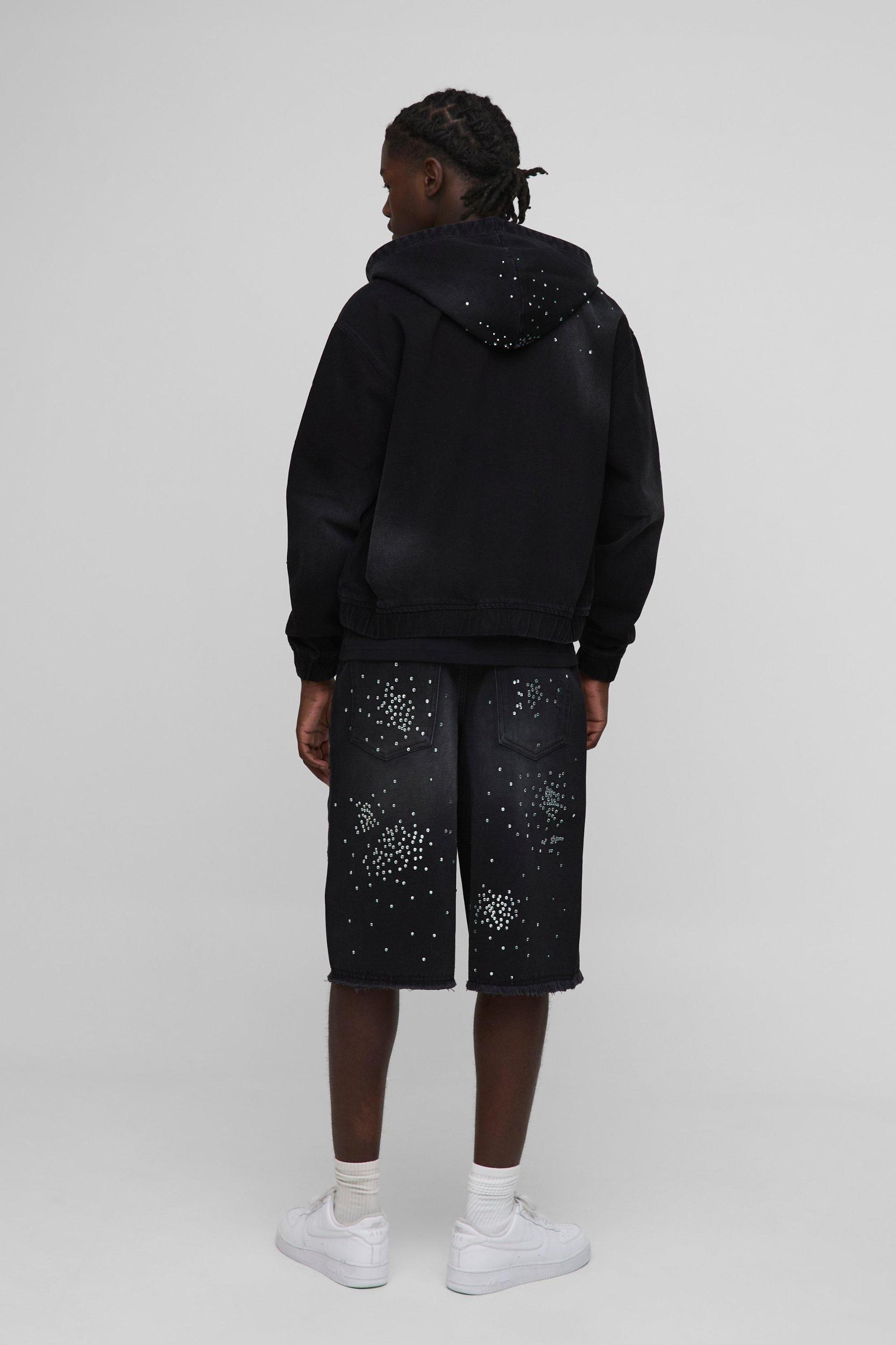 Boxy Rhinestone Washed Black Denim Hoodie | boohooMAN USA Product Image