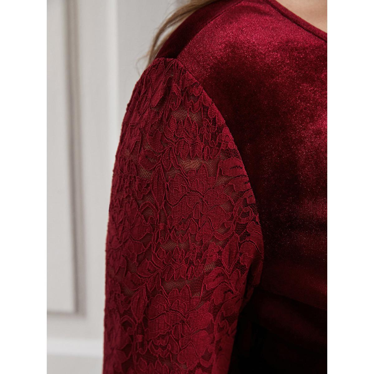 Plus Size Solid Lace Insert Bell Sleeve Pocket Velvet Dress Red Women Party Patchwork Round Neck Long Sleeve Curvy Midi Dress BloomChic 10/M Product Image