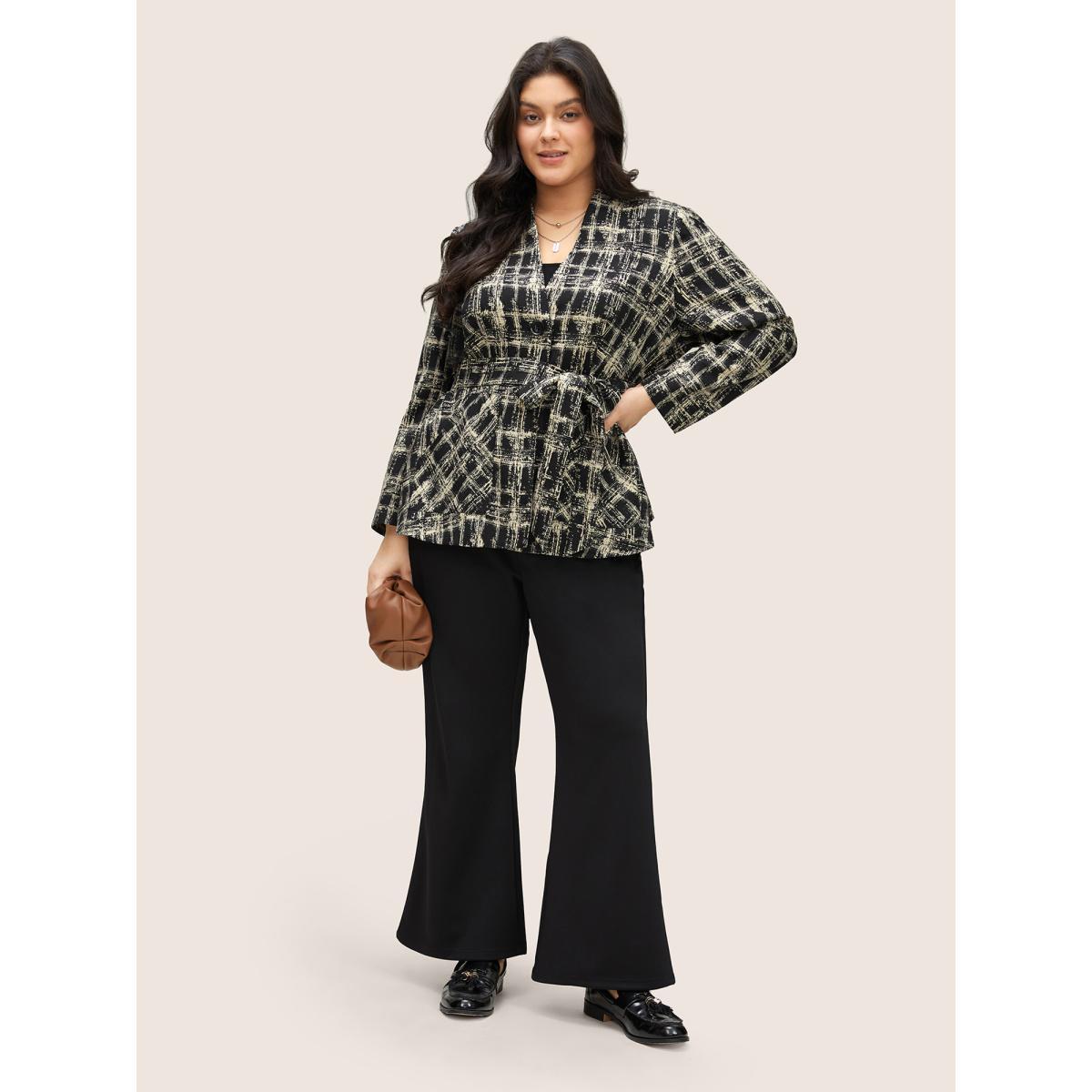 Plus Size Geometric Pocket Belted Lined Blazer Black Women Work Geometric Non Sleeve Long Sleeve V-neck 18-20/2X Patch pocket Belt At the Office Blazers BloomChic Product Image