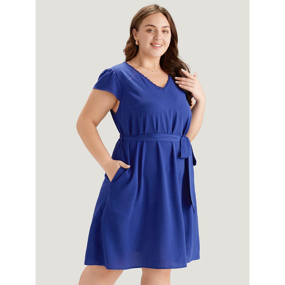 Plus Size Solid Pocket Lace Mesh Belted Cut Out Dress Blue Women Elegant See through V-neck Cap Sleeve Curvy Knee Dress BloomChic 10/M Product Image