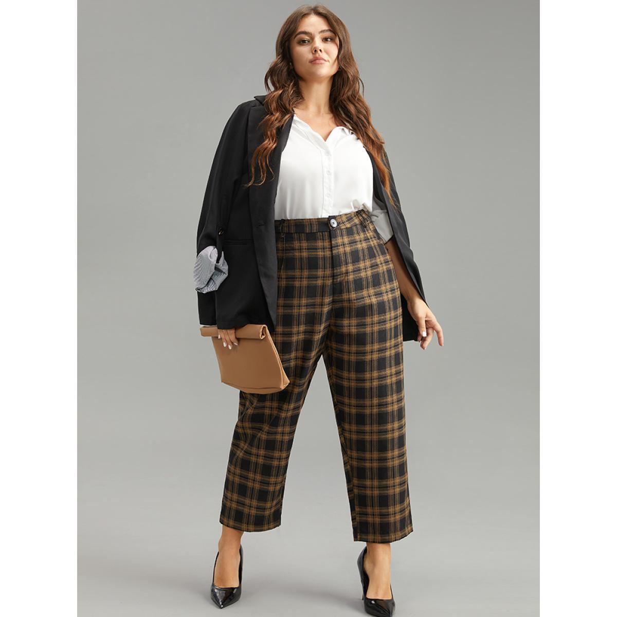 Plus Size Plaid High Rise Pocket Elastic Waist Pants Women Black Office Straight Leg High Rise Work Pants BloomChic 30/6X Product Image
