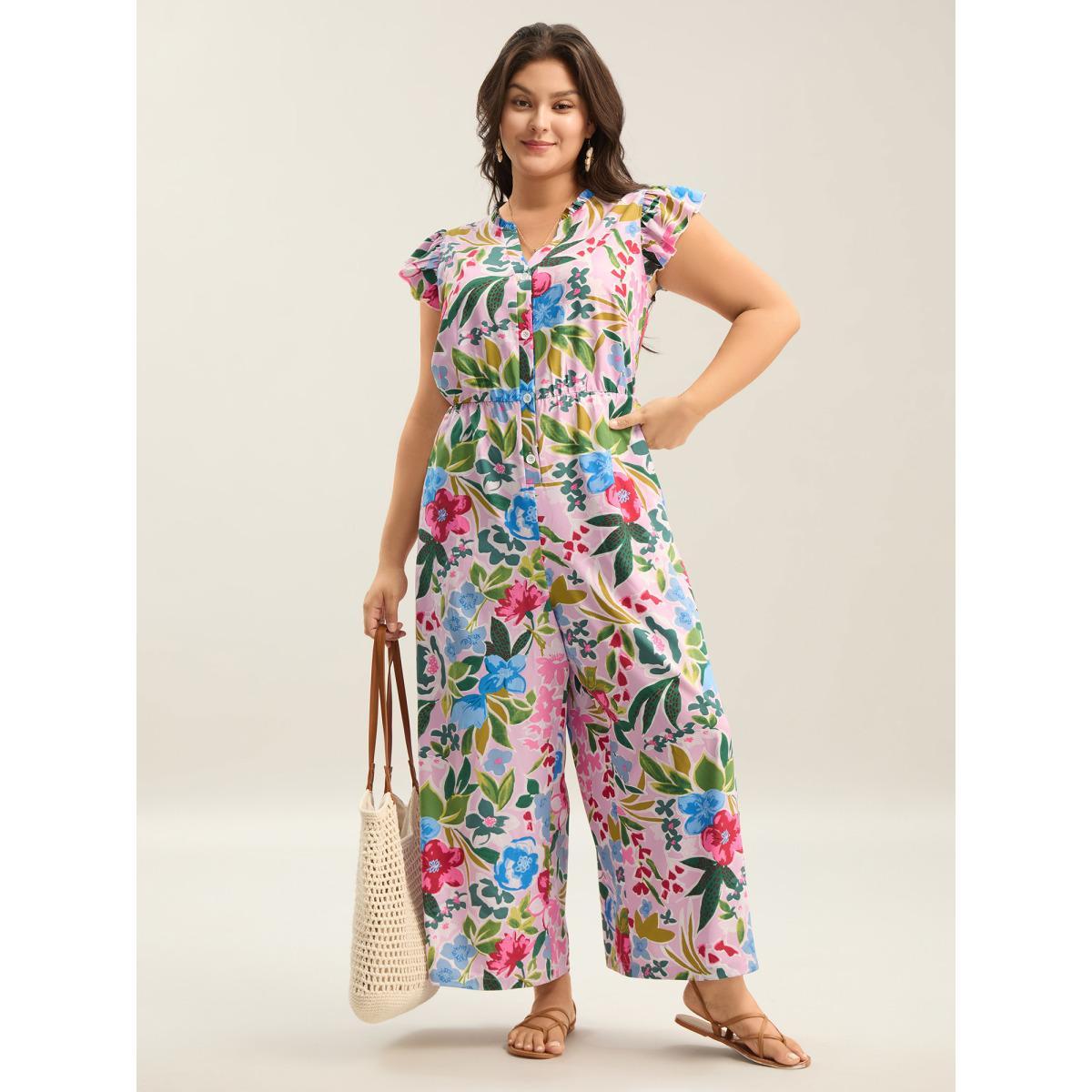 Plus Size Blush Sunkissed Floral Print Button Wide-Leg Jumpsuit Women Cap Sleeve Notched collar Vacation Loose Jumpsuits BloomChic 12/L Product Image