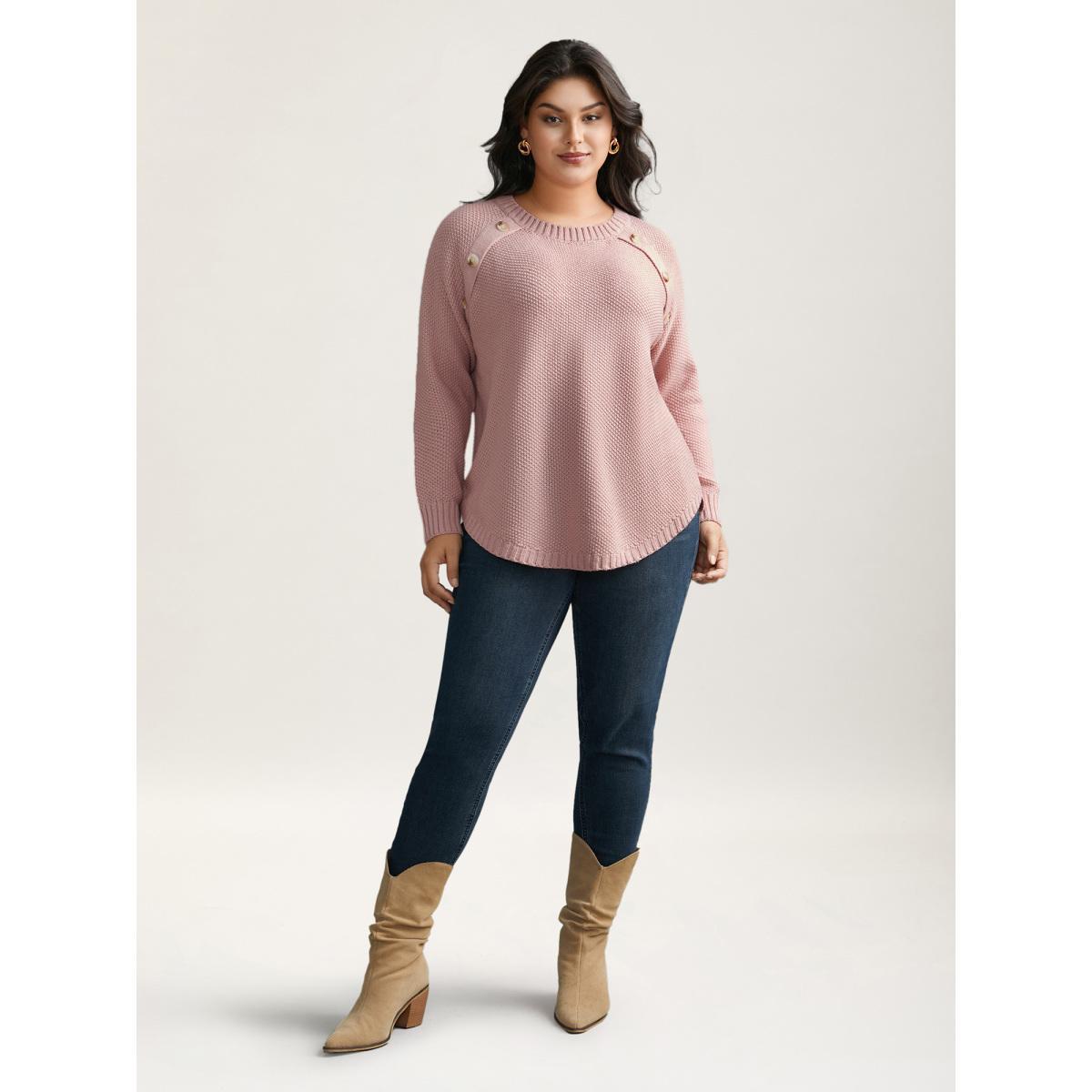 Plus Size Plain Textured Button Detail Curved Hem Pullover Dirtypink Women Casual Loose Long Sleeve Round Neck Everyday Pullovers BloomChic 26/4X Product Image