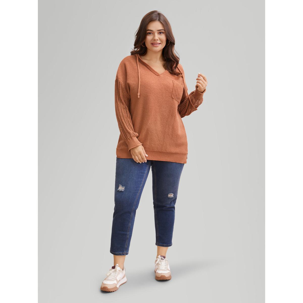 Plus Size Hooded Drawstring Cut Out Pocket Pullover Yellowishbrown Women Casual Three Quater Length Sleeve V-neck Everyday Pullovers BloomChic 30/6X Product Image