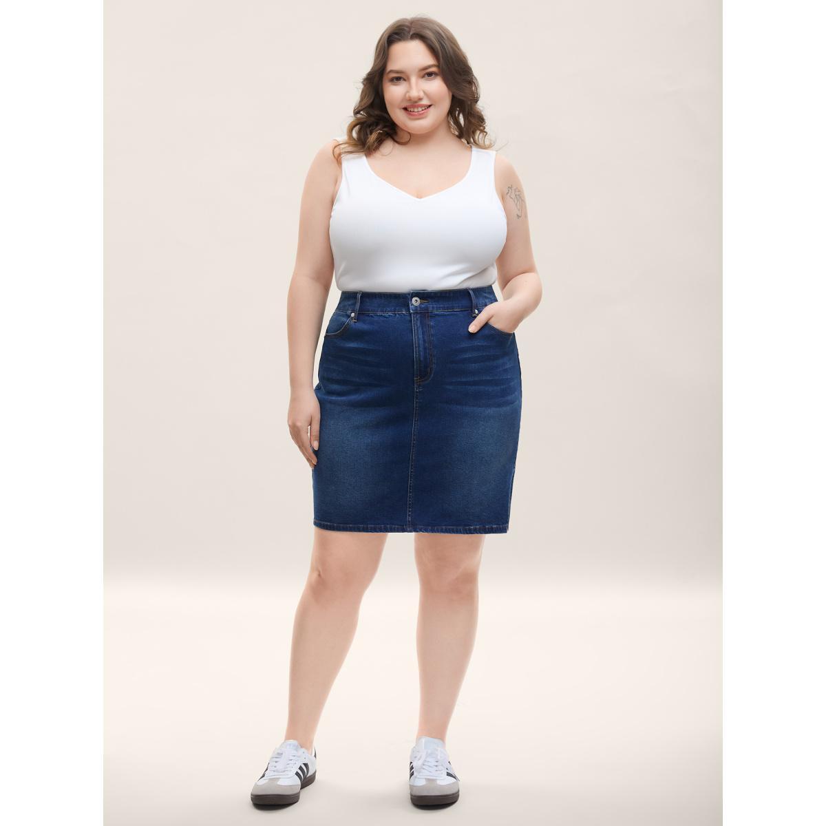Plus Size Whiskered Classic Cut Fitted Denim Skirt Women Midblue Everyday-Casual Medium stretch Medium Wash 24/3X Slanted pocket Denim Skirts BloomChic Product Image
