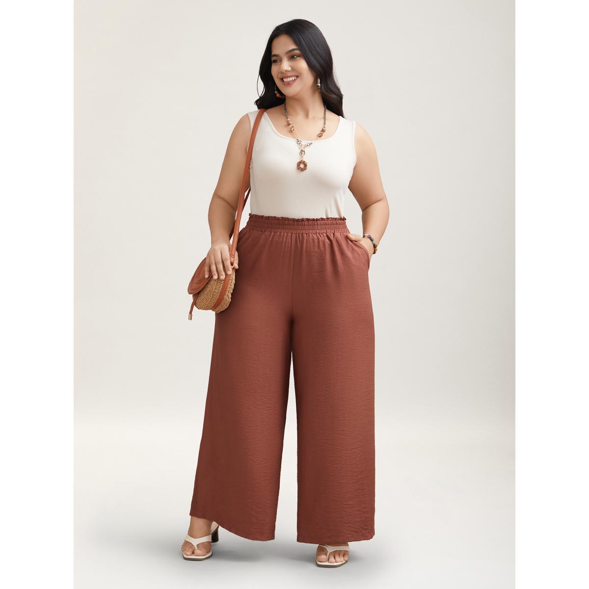Plus Size Smocked Stretchy Waist Ruffled Wide Leg Pants Women Maroon Resort Wide Leg Mid Rise Vacation Pants BloomChic 28/5X Product Image