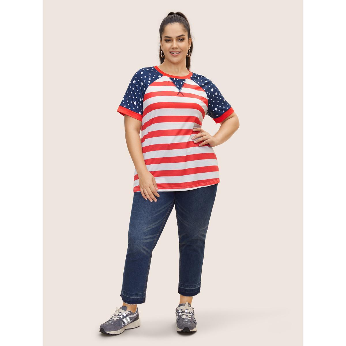 Plus Size Star Patchwork Striped Quilted Raglan Sleeve T-shirt Brightred Women Casual Contrast Art&design Round Neck Everyday T-shirts BloomChic 14-16/1X Product Image