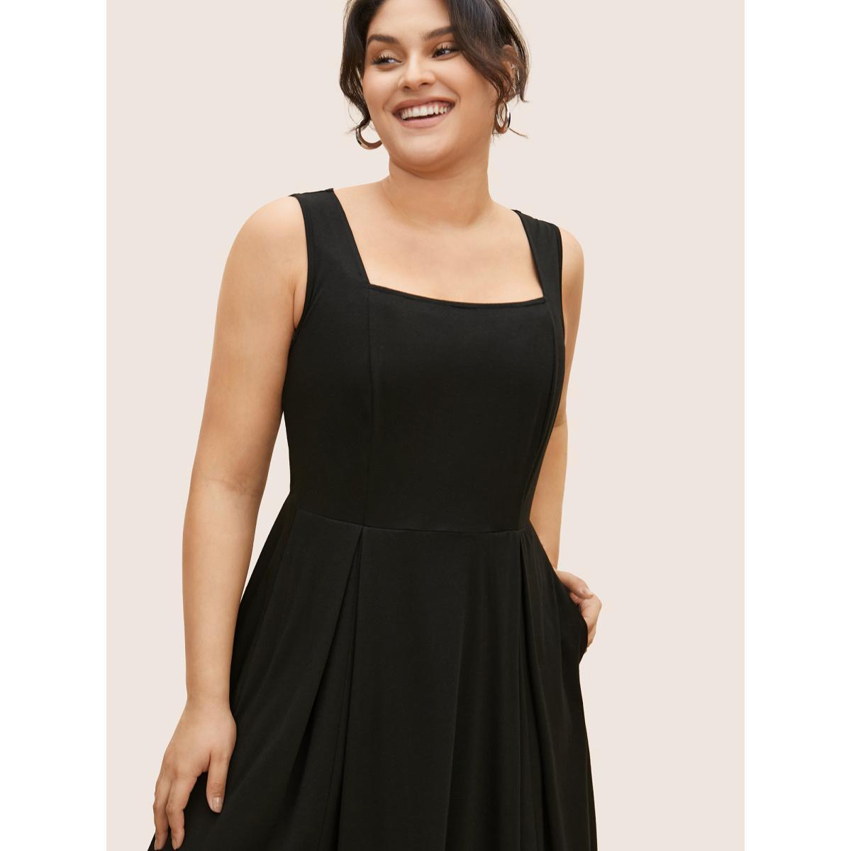 Plus Size Square Neck Solid Plicated Detail Midi Dress Black Women Basics Pleated Square Neck Sleeveless Curvy BloomChic 26/4X Product Image