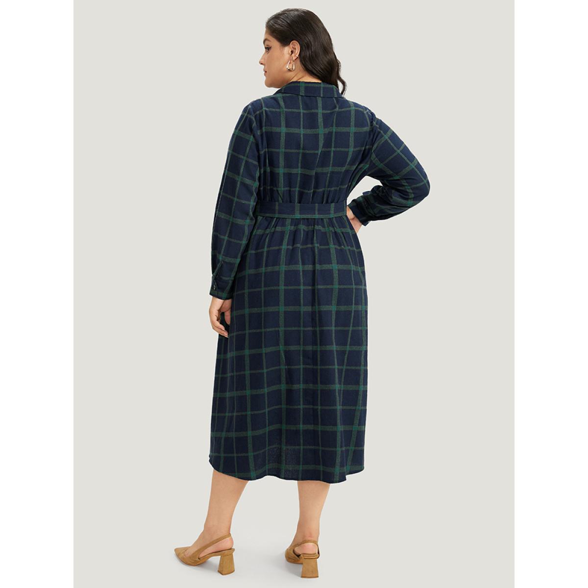Plus Size Plaid Shirt Collar Button Fly Belted Dress Blue Women Office Belted Shirt collar Long Sleeve Curvy Midi Dress BloomChic 28/5X Product Image