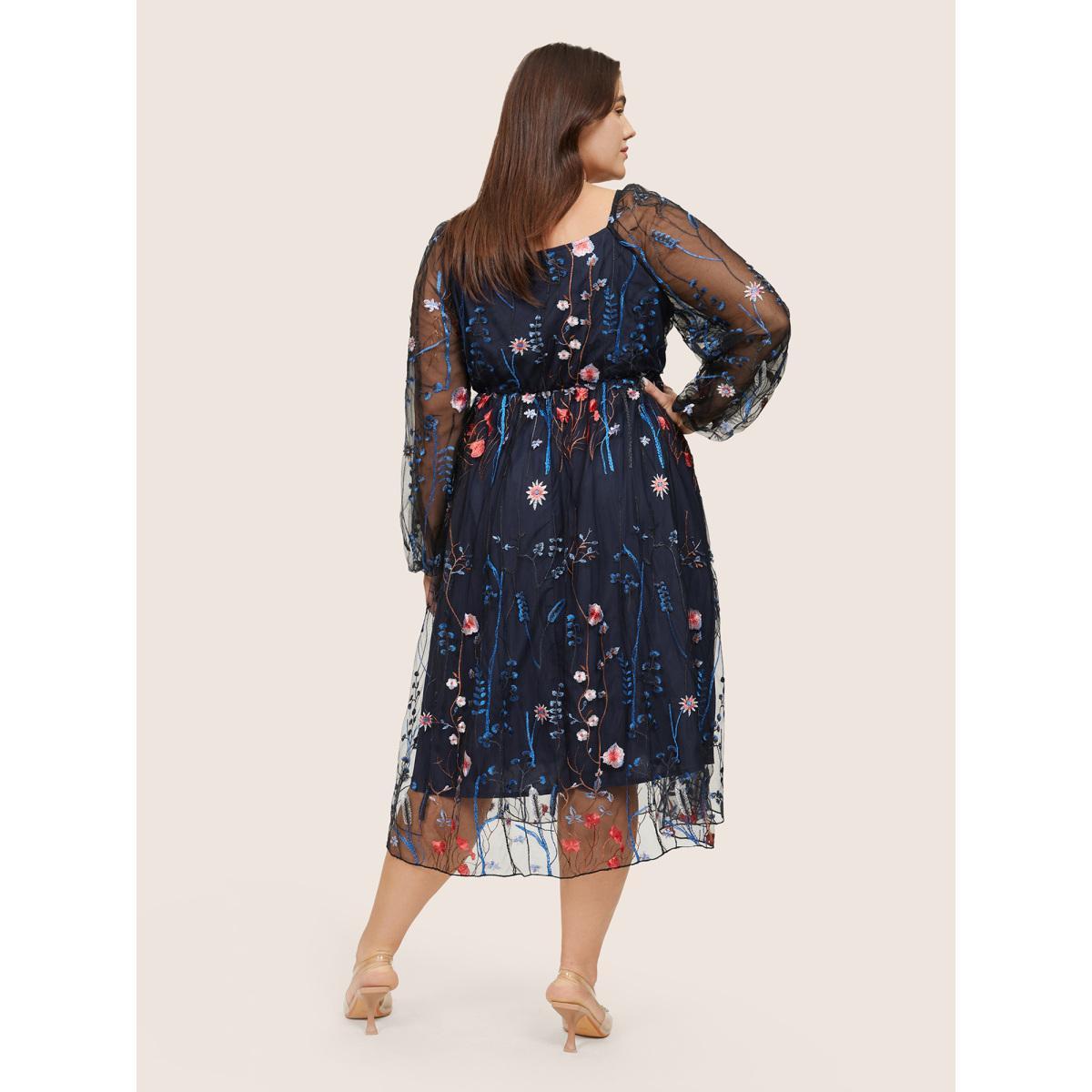 Plus Size Square Neck Embroidered Lace Mesh Lantern Sleeve Dress Navy Women Formal Elastic cuffs Square Neck Long Sleeve Curvy Midi Dress BloomChic 26/4X Product Image