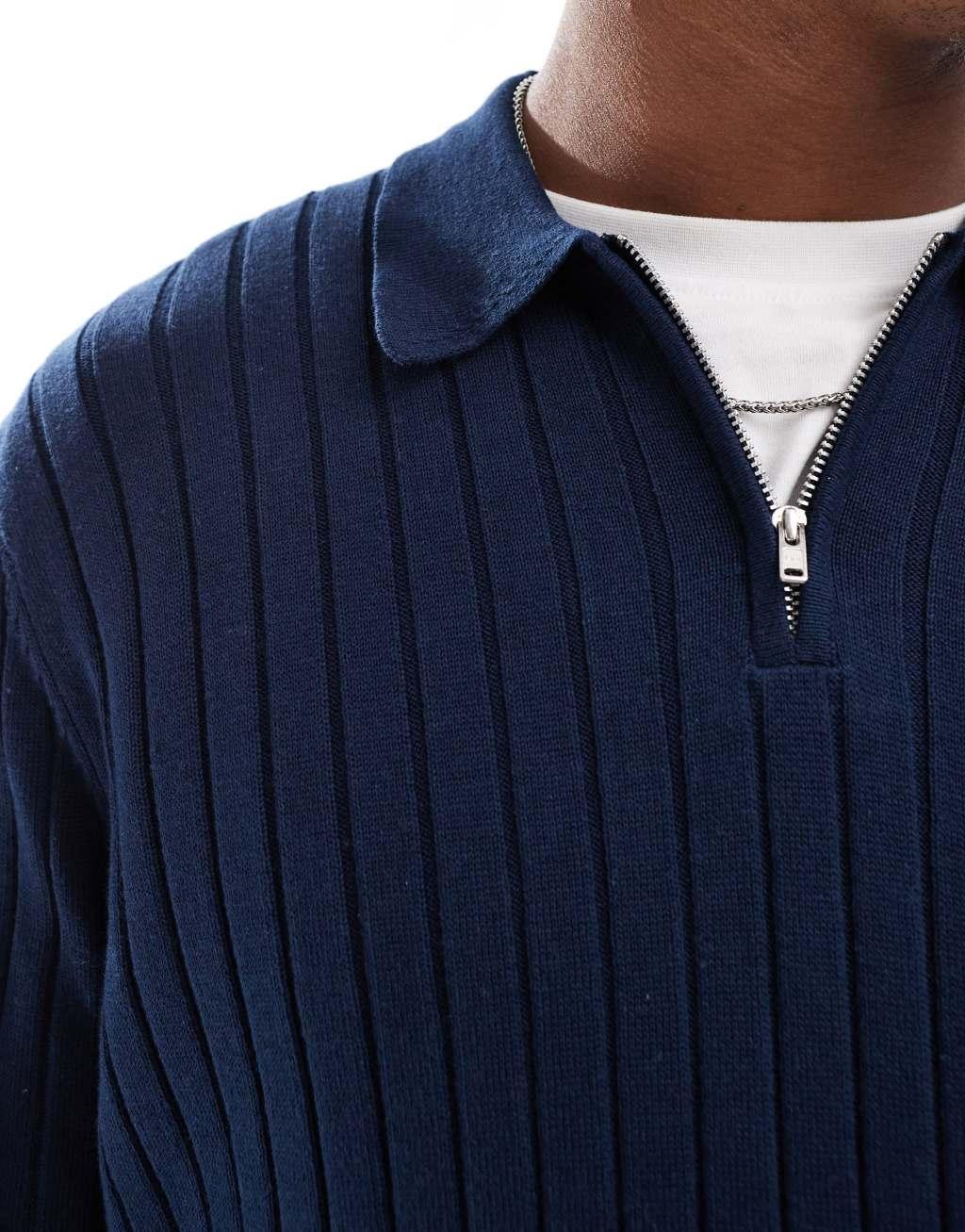 ASOS DESIGN essential muscle fit knitted rib quarter zip polo sweater in navy Product Image