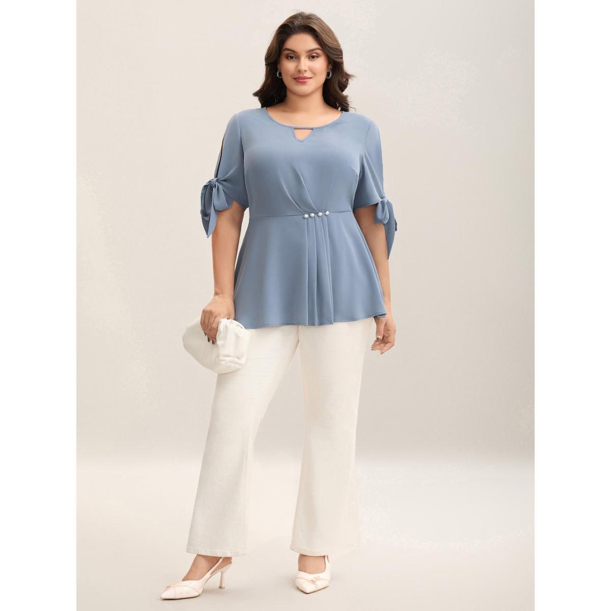 Plus Size Stone Knotted Sleeve Pearl Detail Keyhole Blouse Women Short sleeve Round Neck Work Blouses BloomChic 30/6X Product Image