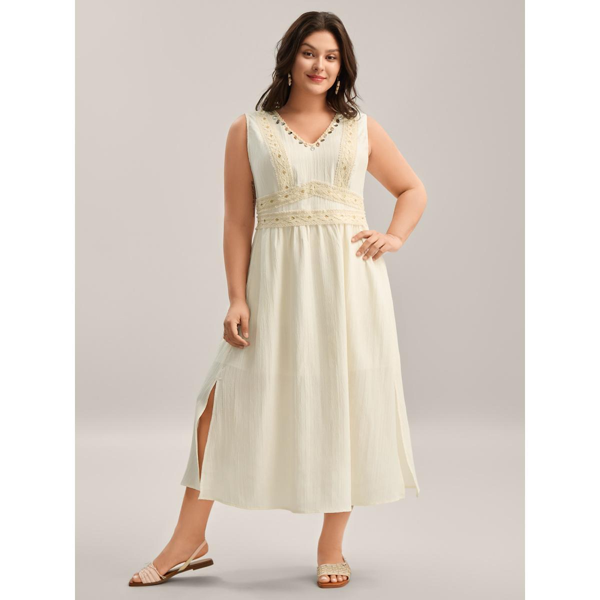 Plus Size Textured Solid Lace Trim Midi Dress Ivory Women V-neck Sleeveless Curvy BloomChic 10/M Product Image