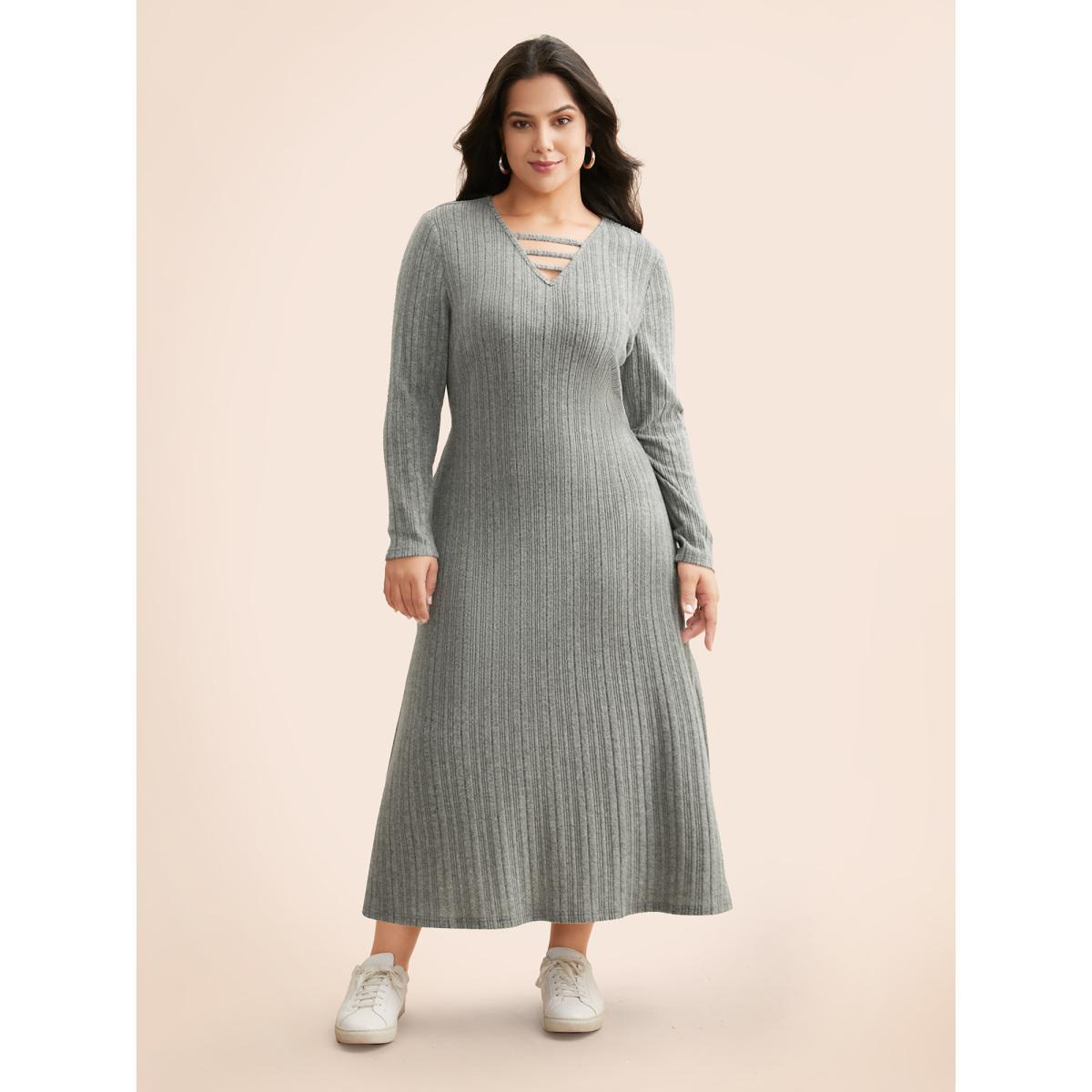 Plus Size Airy Cozy Neck Cut-Out Midi Dress Mediumgray Women Casual Texture Knit Dresses Bloomchic 30/6X Product Image
