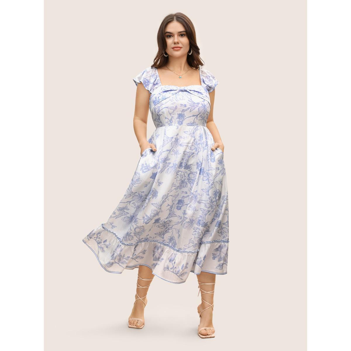 Plus Size Square Neck Floral Twist Ruffle Cap Sleeve Dress Originalwhite Women Elegant Twist Square Neck Cap Sleeve Curvy BloomChic 12/L Product Image