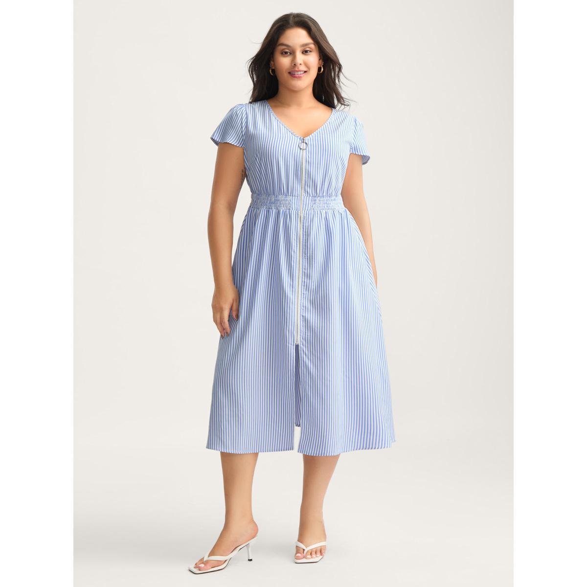 Plus Size Striped Zipper Front Shirred Waist Midi Dress LightBlue Women Shirred V-neck Cap Sleeve Curvy BloomChic 28/5X Product Image