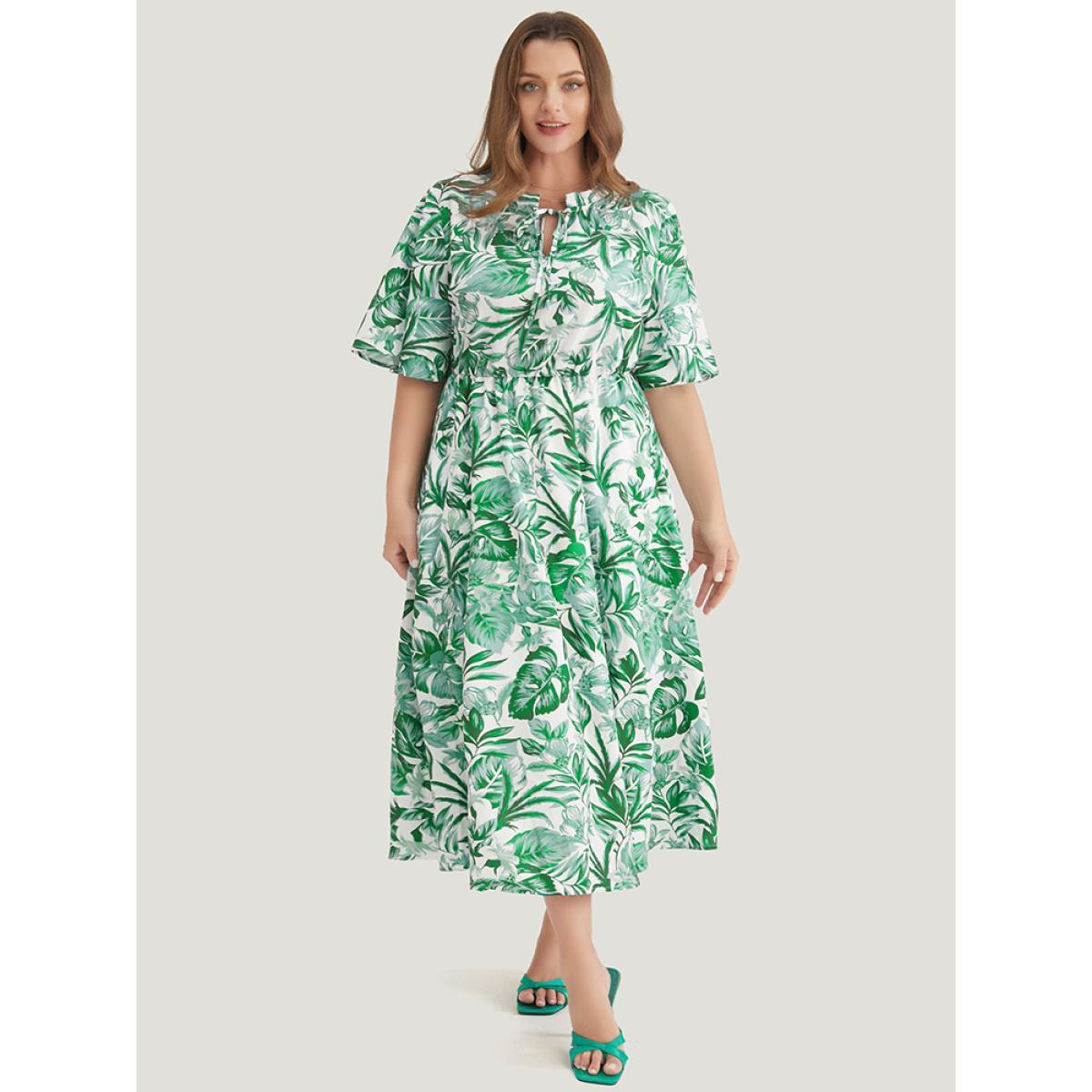 Plus Size Plant Print Pocket Keyhole Tie Neck Frill Trim Flutter Dress Green Women Vacation V-neck Half Sleeve Curvy Midi Dress BloomChic 22-24/3X Product Image