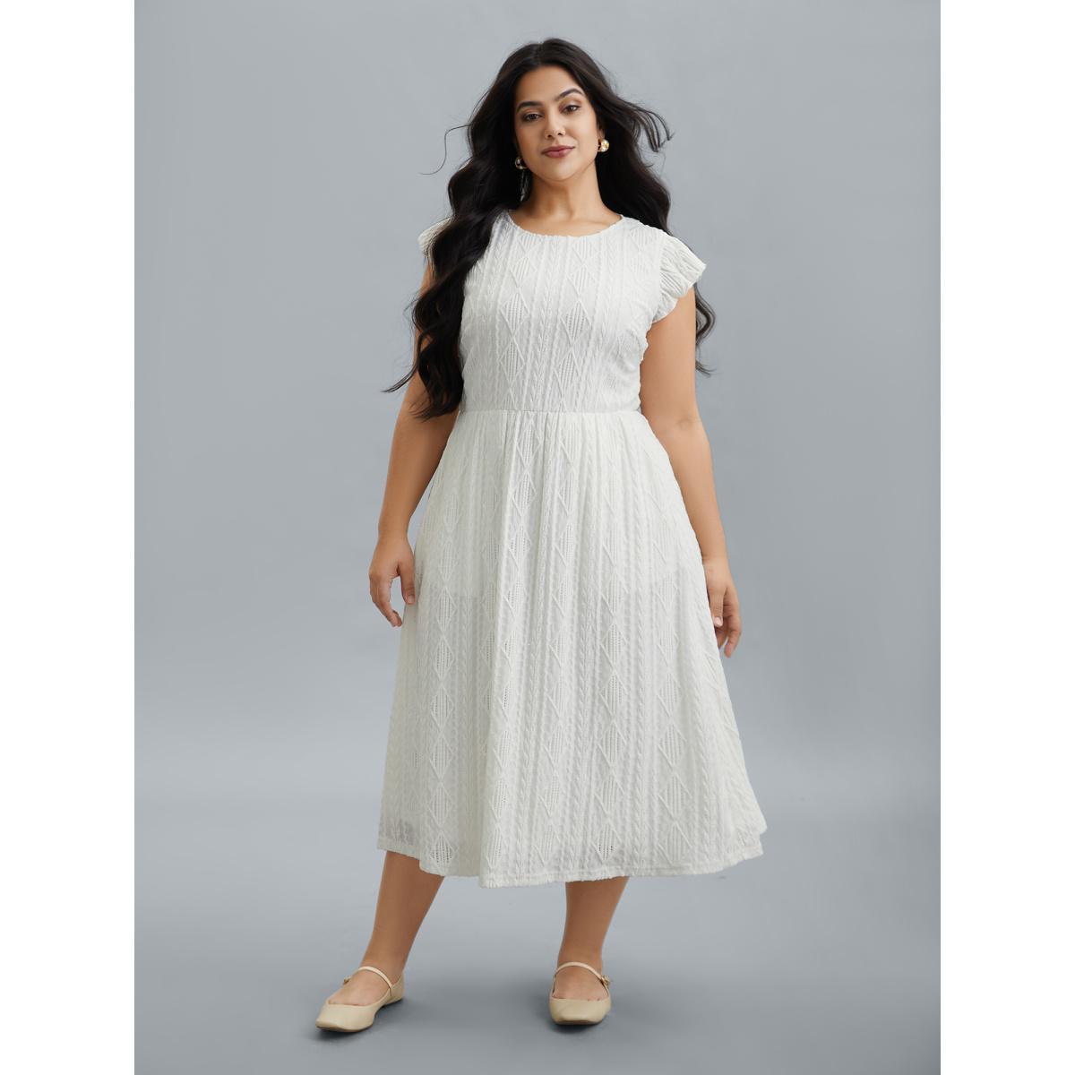 Plus Size Flutter Sleeve Textured Pockets Midi Dress Ivory Women Casual Texture Round Neck Cap Sleeve Curvy BloomChic 18-20/2X Product Image