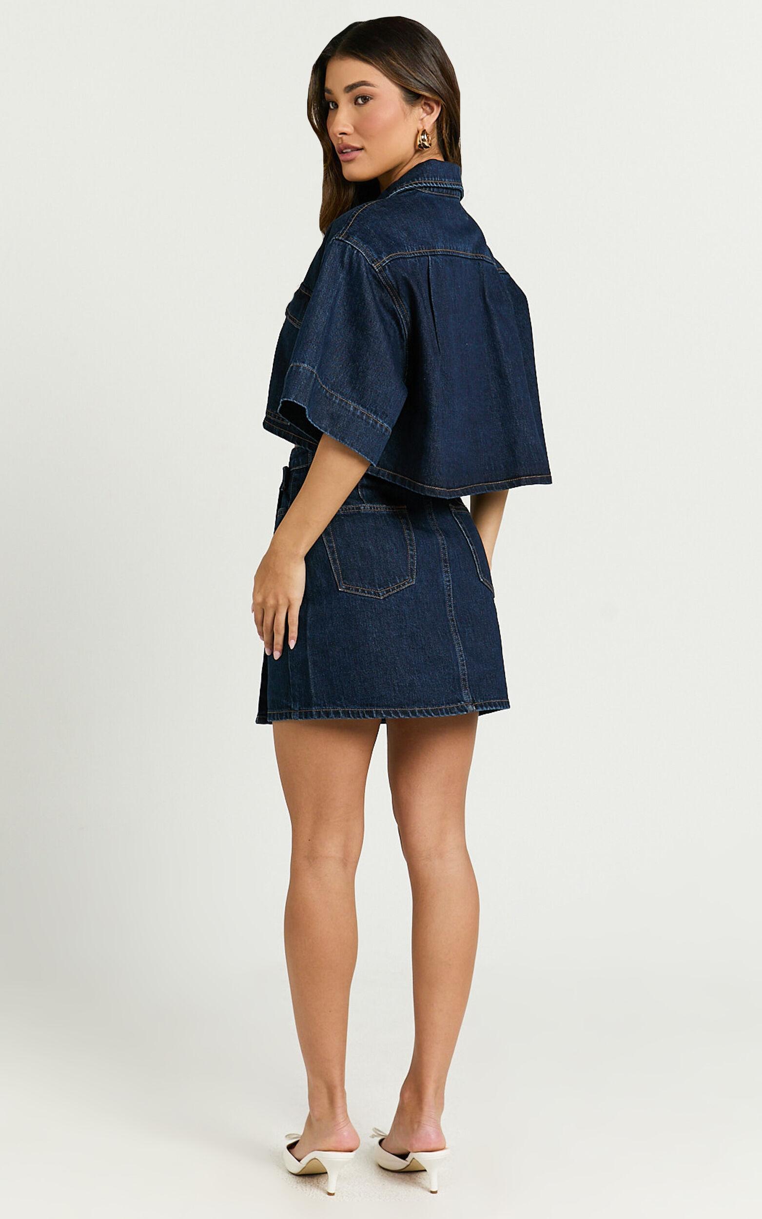 Katherine Mini Skirt - Cross Front Recycled Denim Skirt in Dark Blue Wash Product Image
