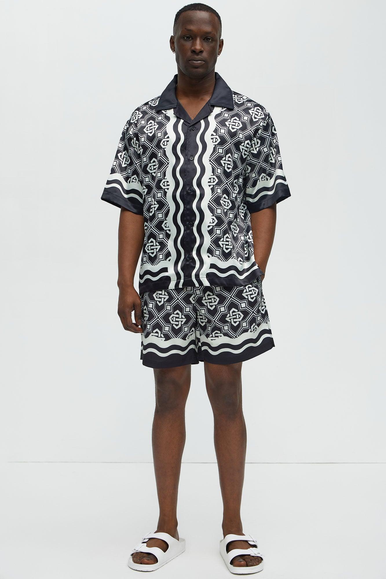Geometric Wavy Border Cuban Collar Button Up Shirt - Black/combo Product Image