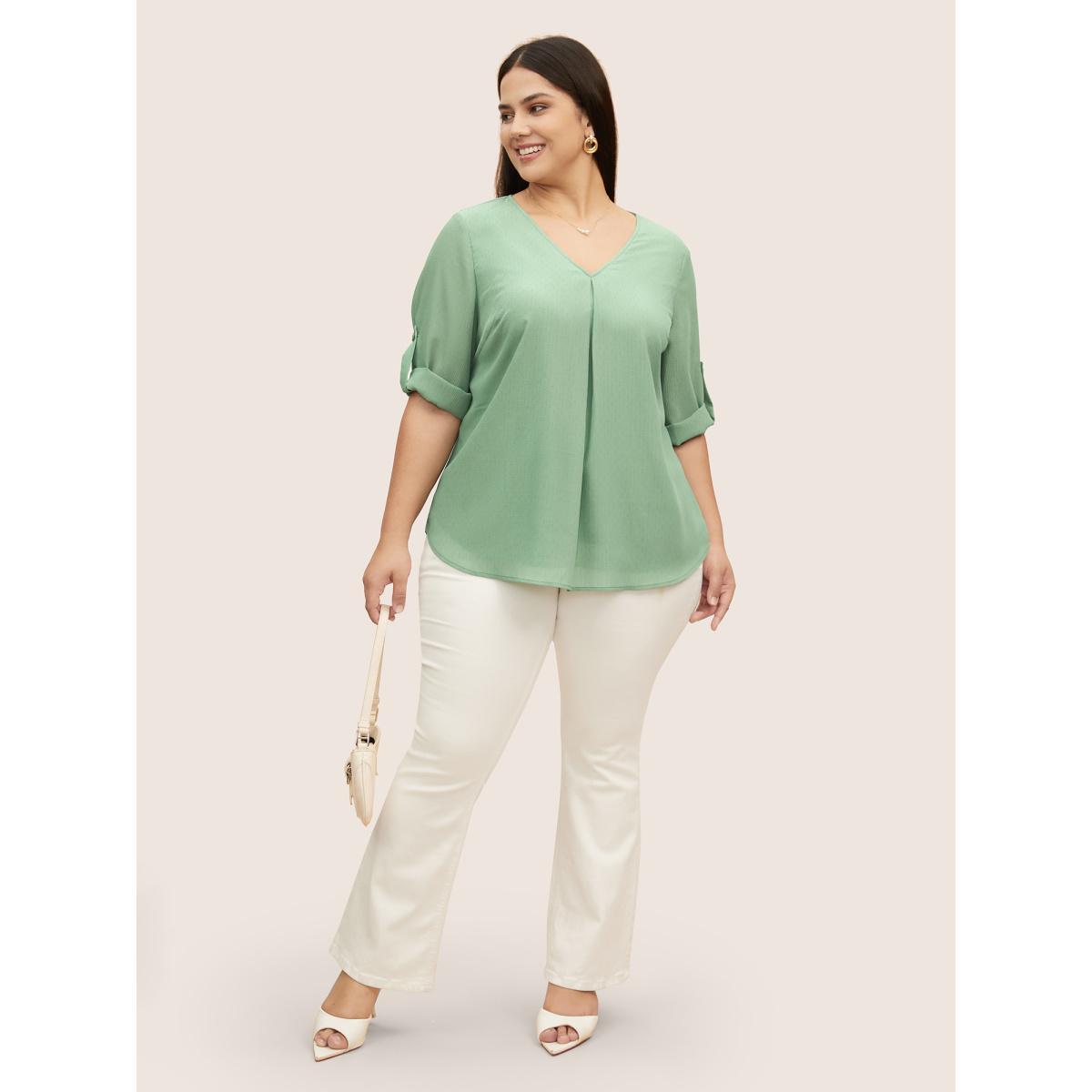 Plus Size Mint V Neck Plain Pleated Tab Sleeve Blouse Women Work From Home Elbow-length sleeve V-neck Work Blouses BloomChic 12/L Product Image