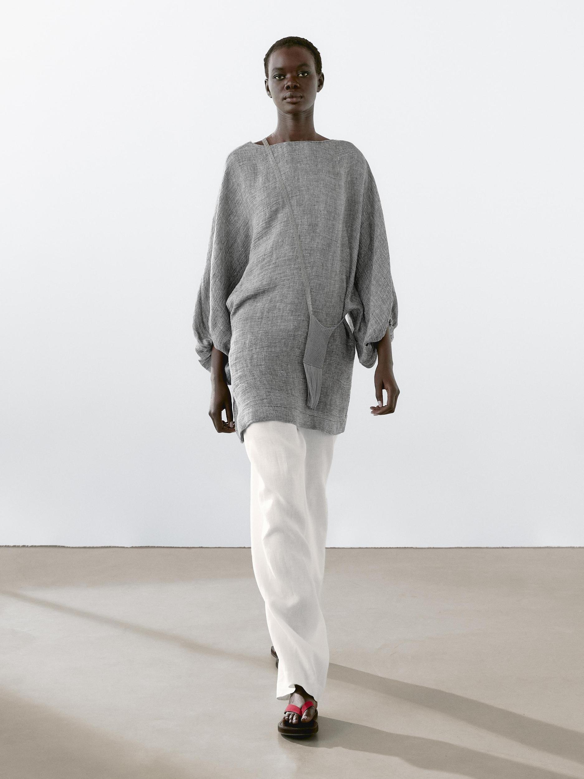 Short dress with sleeve detail, 100% linen Product Image