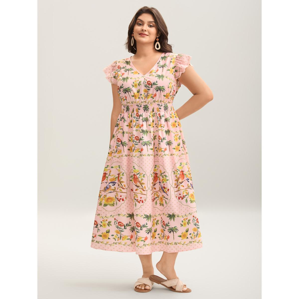 Plus Size Tropical Print Shirred Waist Flutter Maxi Dress Crepe Women V-neck Short sleeve Curvy BloomChic 12/L Product Image
