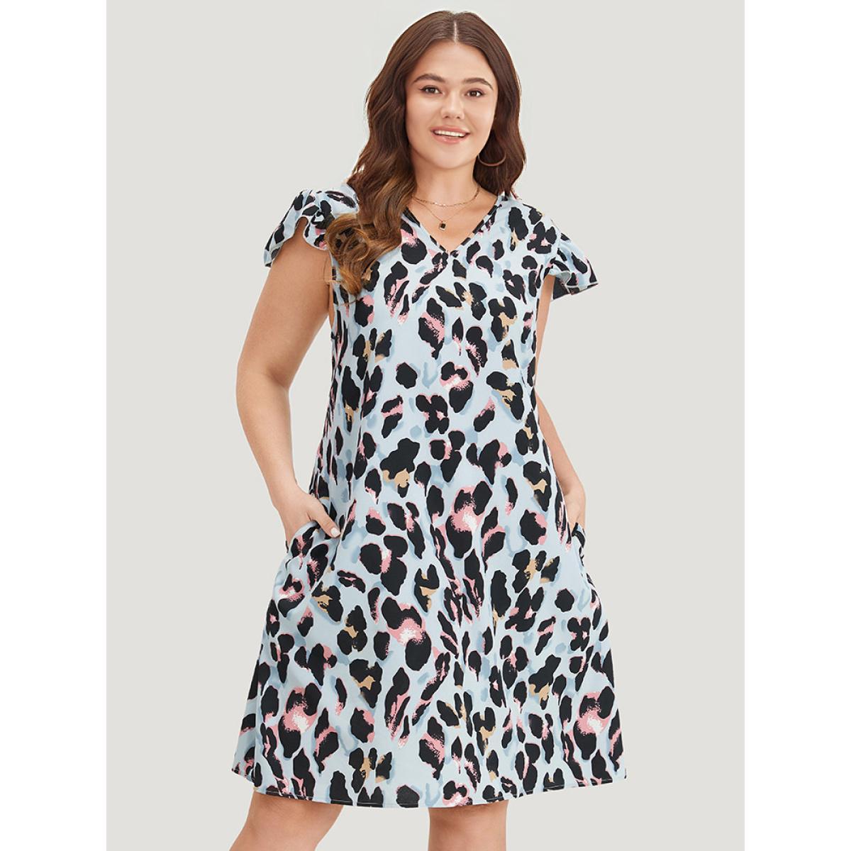 Plus Size Colour Leopard Print Pocket Ruffle Cap Sleeve Dress LightBlue Women Elegant V-neck Cap Sleeve Curvy Knee Dress BloomChic 28/5X Product Image