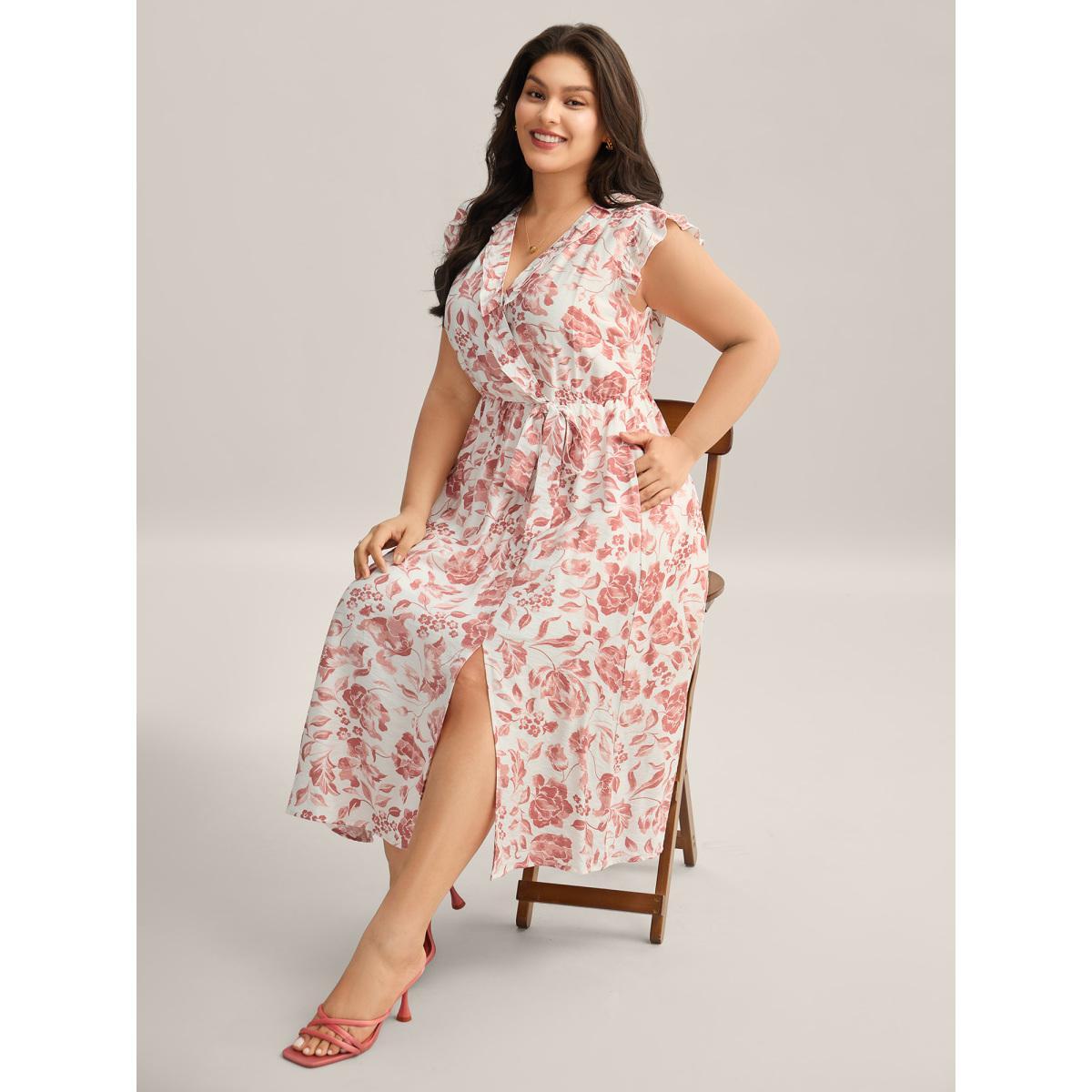 Plus Size Monochrome Floral Print Ruffled Midi Dress Rouge Women Overlap Collar Sleeveless Curvy BloomChic 12/L Product Image