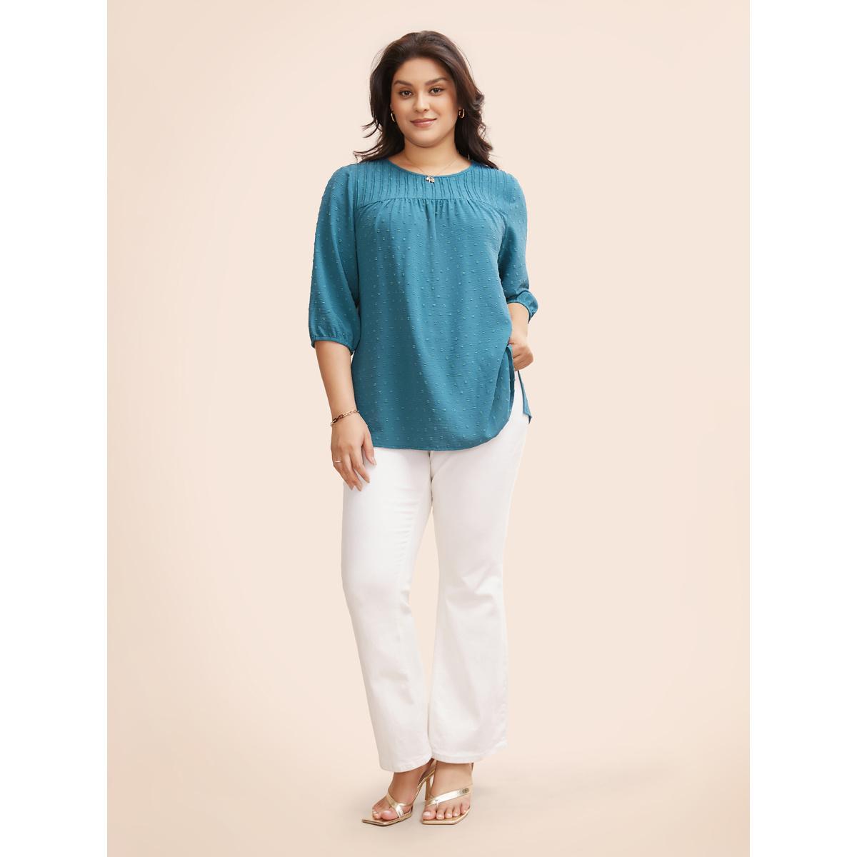 Plus Size Cerulean Texture Round Neck Pleated Lantern Sleeve Blouse Women Elegant Elbow-length sleeve Round Neck Everyday Blouses BloomChic 18-20/2X Product Image