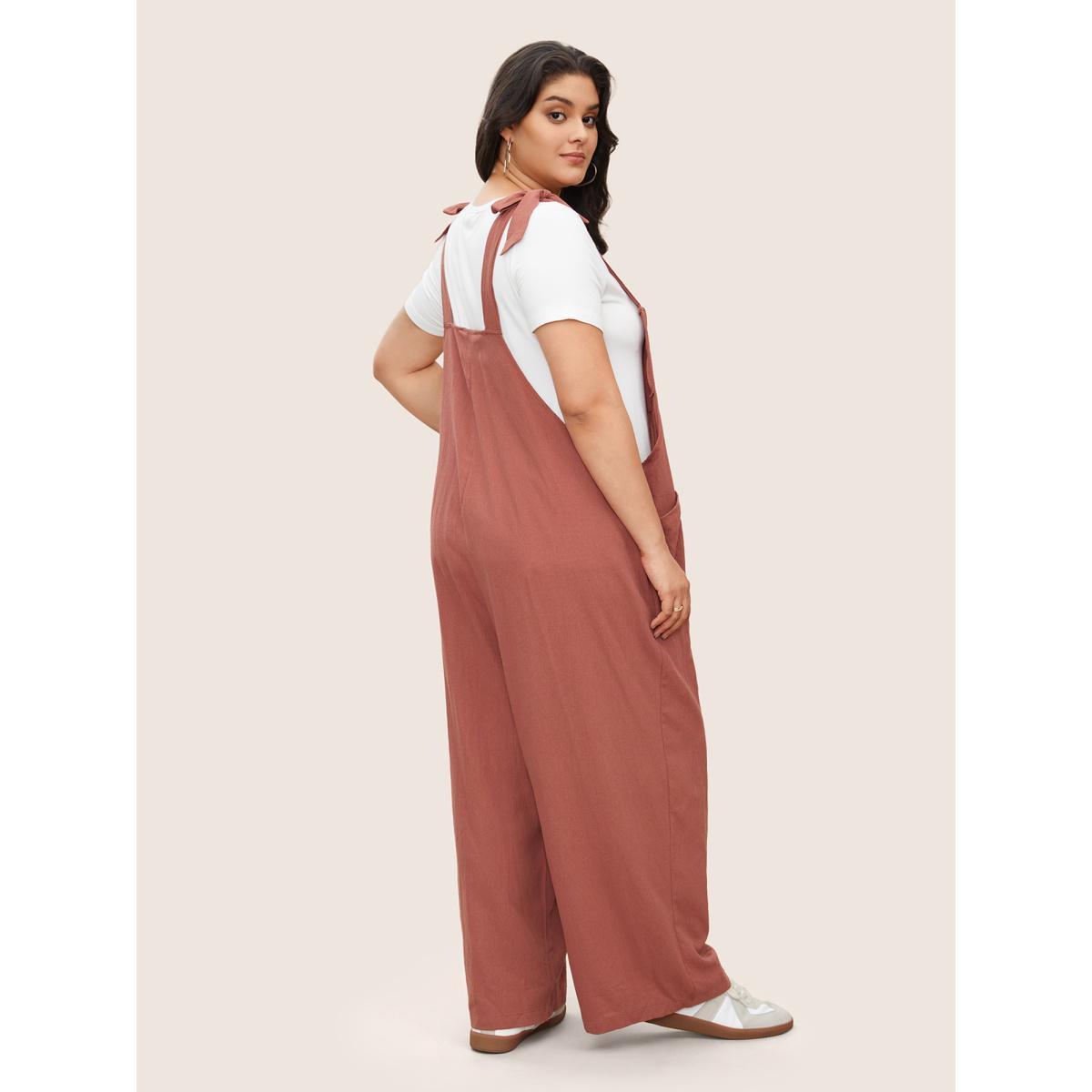 Plus Size DustyPink Solid Pleated Detail Pocket Knotted Shoulder Overall Jumpsuit Women Casual Sleeveless Non Everyday Loose Jumpsuits BloomChic 26/4X Product Image