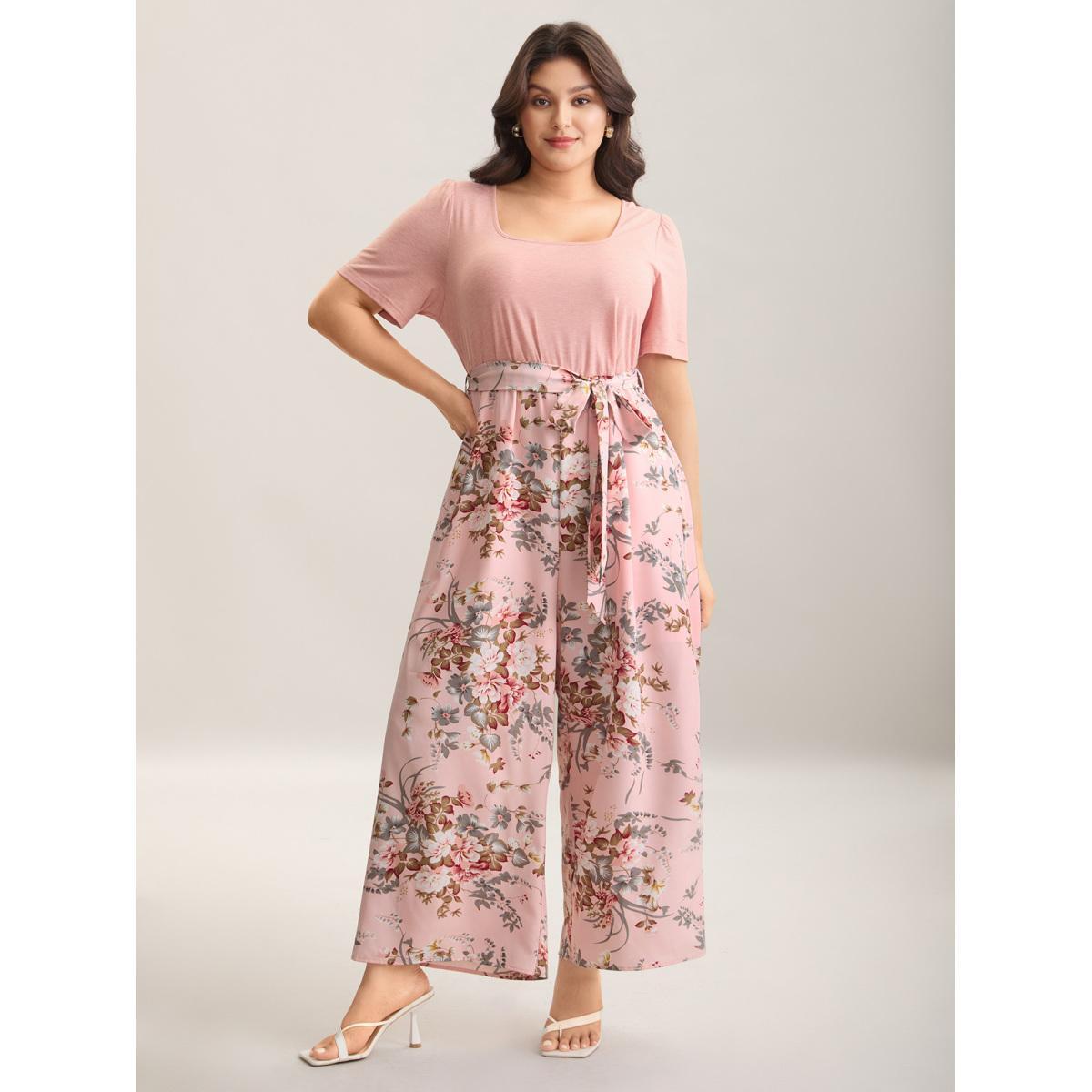 Plus Size Lightpink Color Contrast Belted Panel Pockets Jumpsuit Women Elegant Short sleeve Square Neck Everyday-Elegant Loose Jumpsuits BloomChic 14-16/1X Product Image