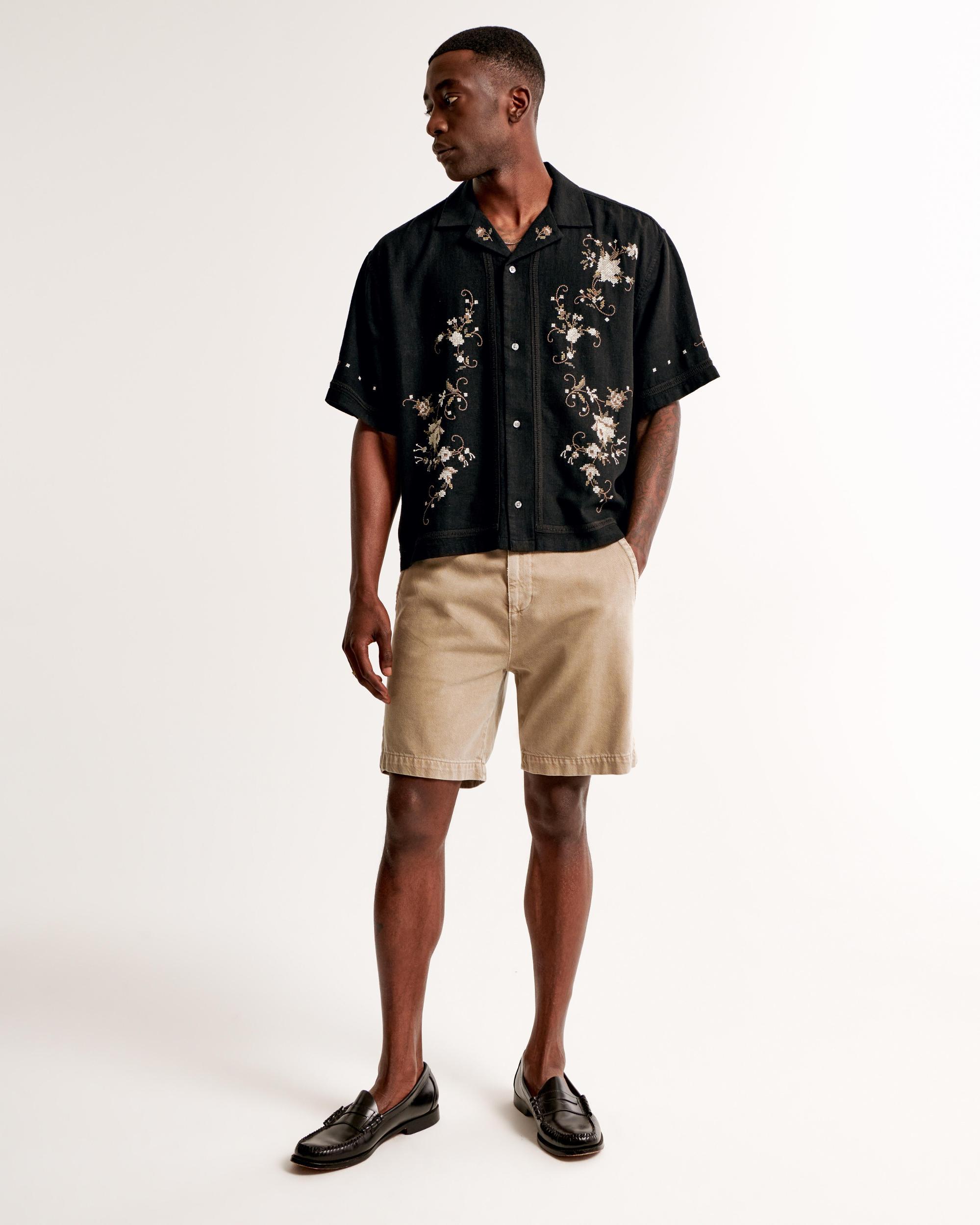 Camp Collar Cropped Summer Linen-Blend Embroidered Shirt Product Image