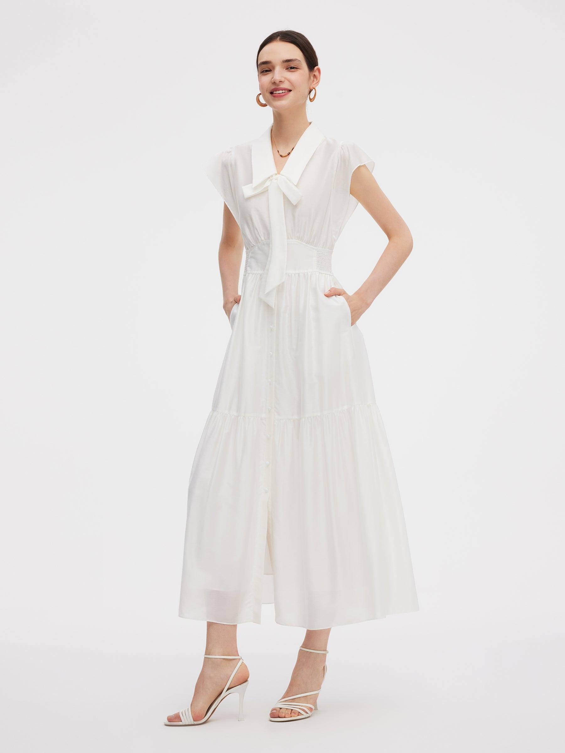 Tencel Blend Women Cap Sleeve Maxi Dress With Ribbon Product Image
