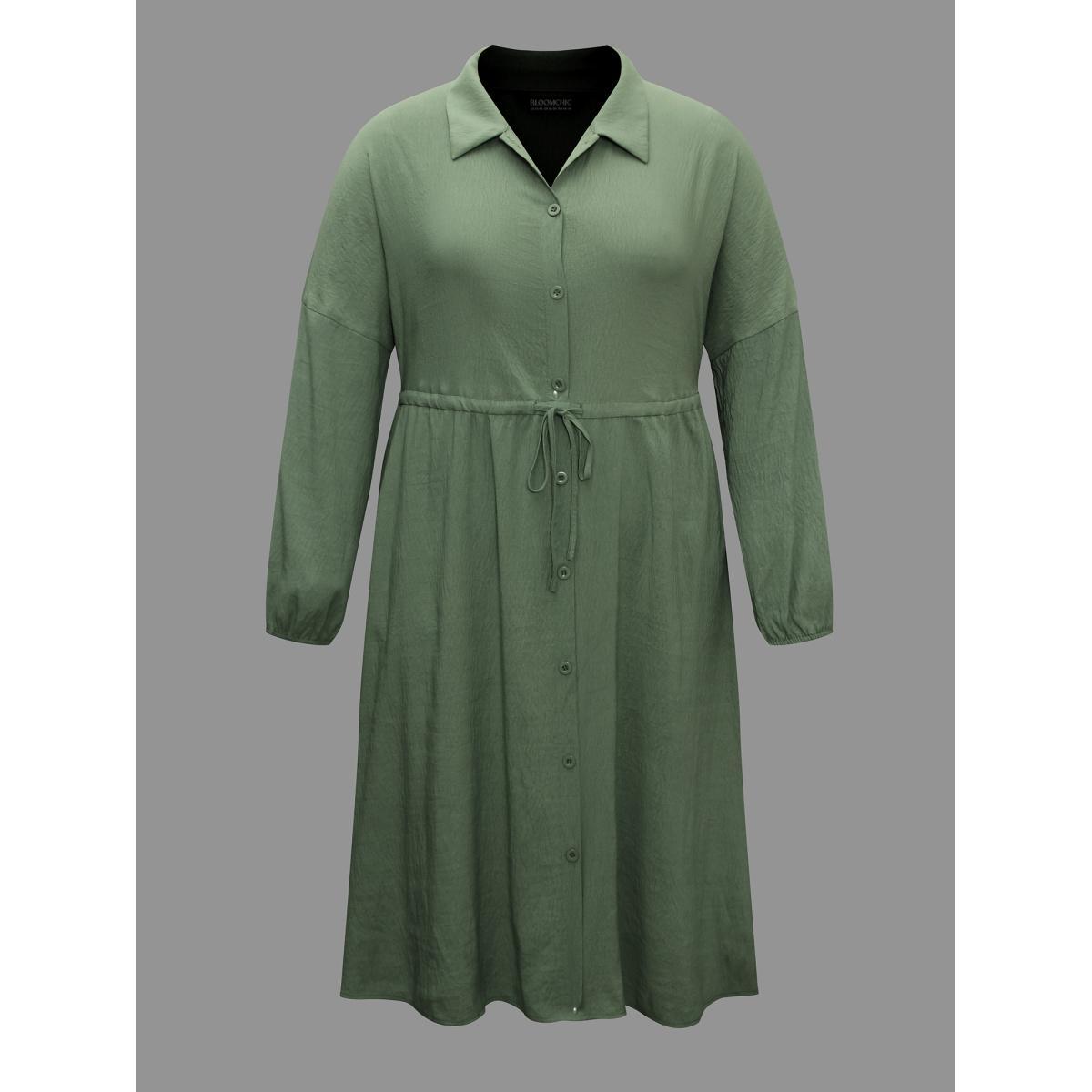 Plus Size Shirt Collar Tie-Waist Drop Dress Moss Women At the Office Tie knot Shirt collar Long Sleeve Curvy BloomChic 12/L Product Image
