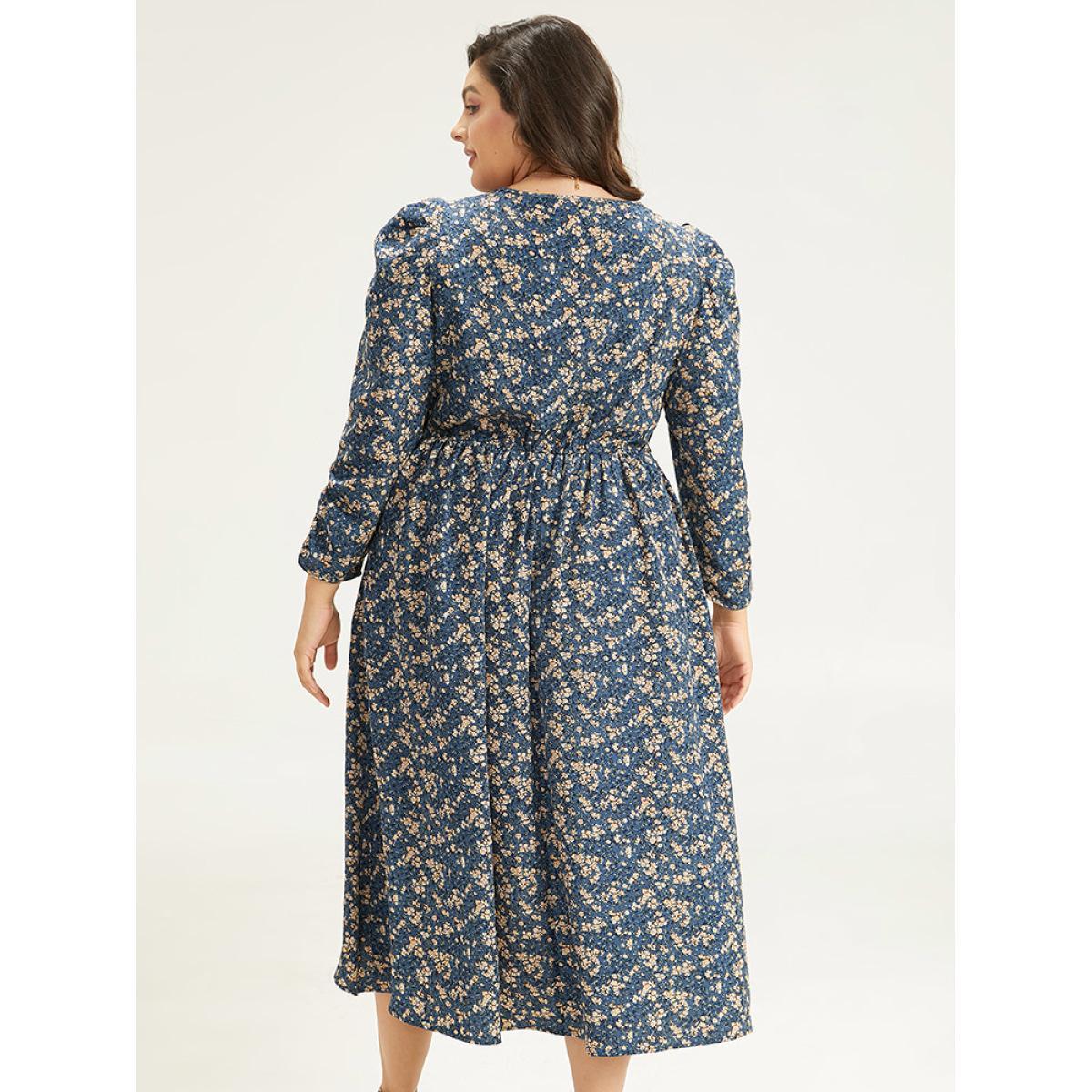 Plus Size Ditsy Floral Ruched Puff Sleeve Dress Aegean Women Elegant Printed V-neck Elbow-length sleeve Curvy Midi Dress BloomChic 18-20/2X Product Image