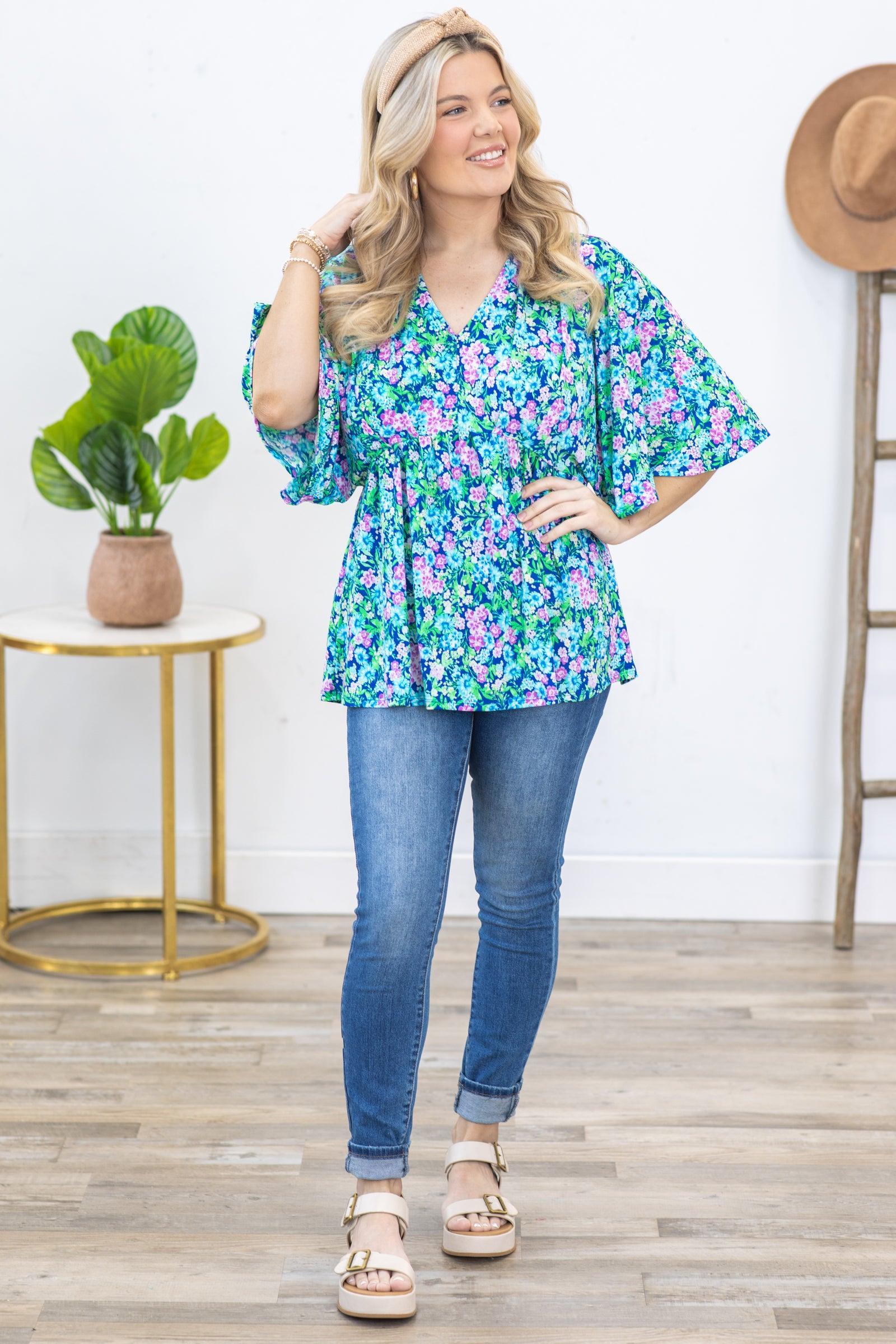 Royal Ditsy Floral V-Neck Wrinkle Free Top Product Image