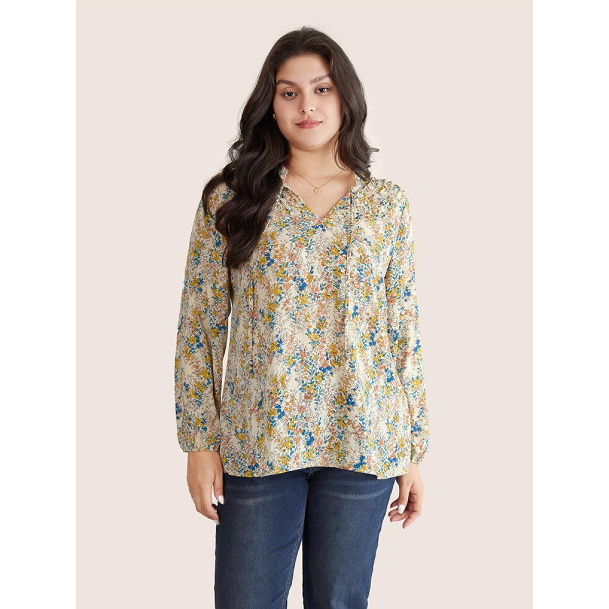 Plus Size Ivory Ditsy Floral Print Notched Lantern Sleeve Blouse Women Elegant Long Sleeve Notched collar Everyday Blouses BloomChic 14-16/1X Product Image