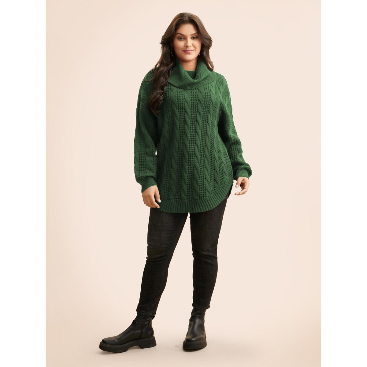 Plus Size Turtleneck Cable Knit Curved Hem Pullover DarkGreen Women Casual Loose Long Sleeve Turtleneck Everyday Pullovers BloomChic 22-24/3X Product Image