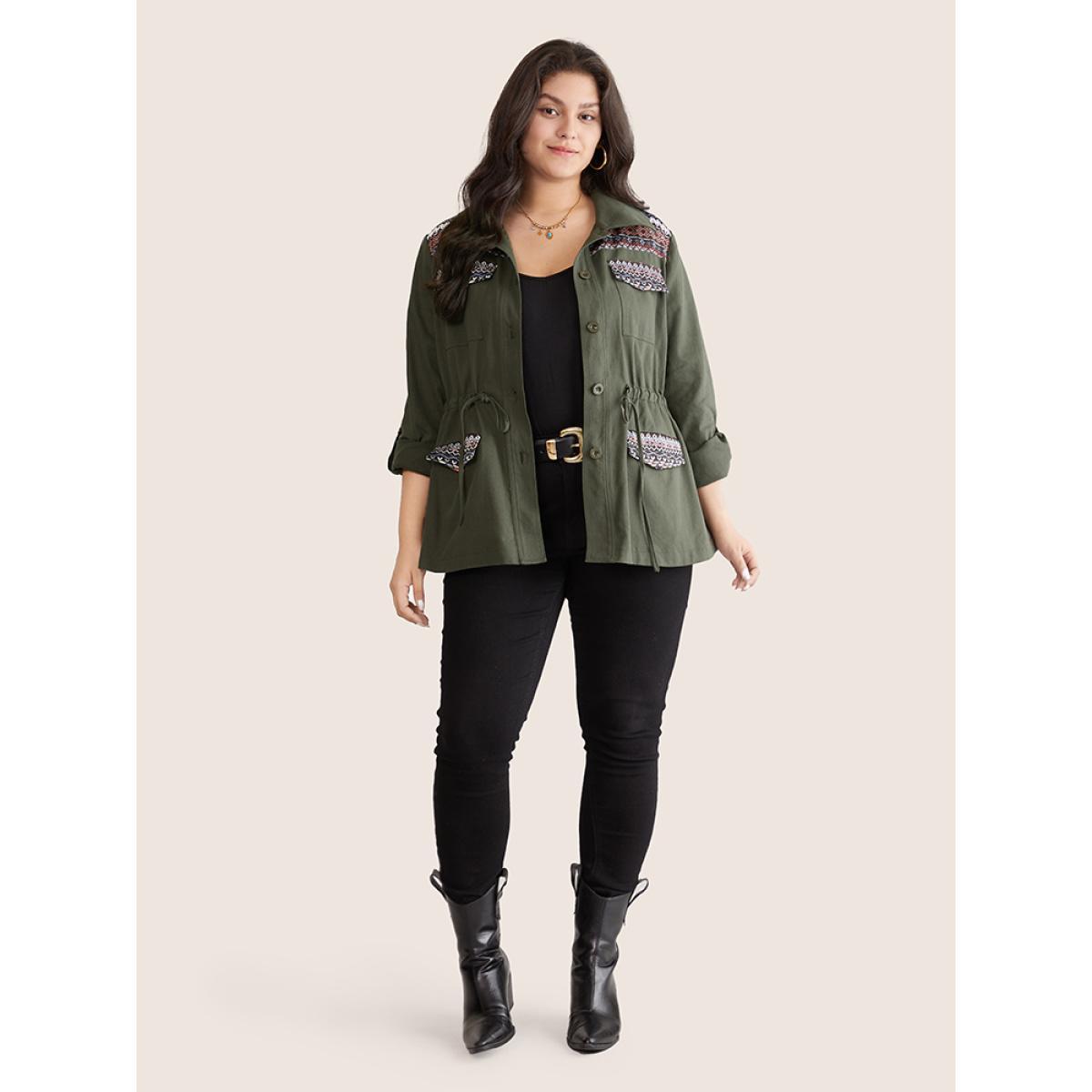 Plus Size Bandana Geometric Tab Sleeve Drawstring Jacket Women ArmyGreen Contrast Pocket Everyday Jackets BloomChic 22-24/3X Product Image
