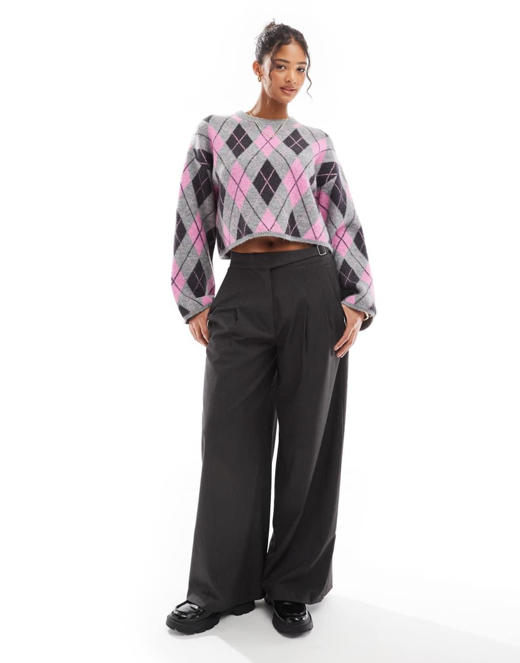 Bershka argyle round neck sweater in gray & pink Product Image