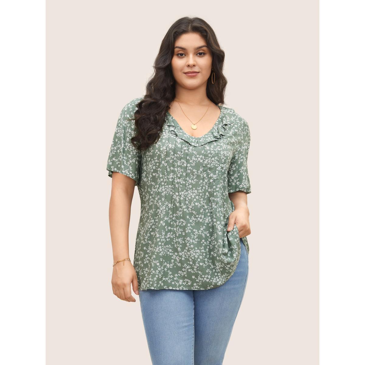 Plus Size Sage Rayon Ditsy Floral Pleated Patchwork Ruffles Blouse Women Elegant Short sleeve V-neck Everyday Blouses BloomChic 12/L Product Image