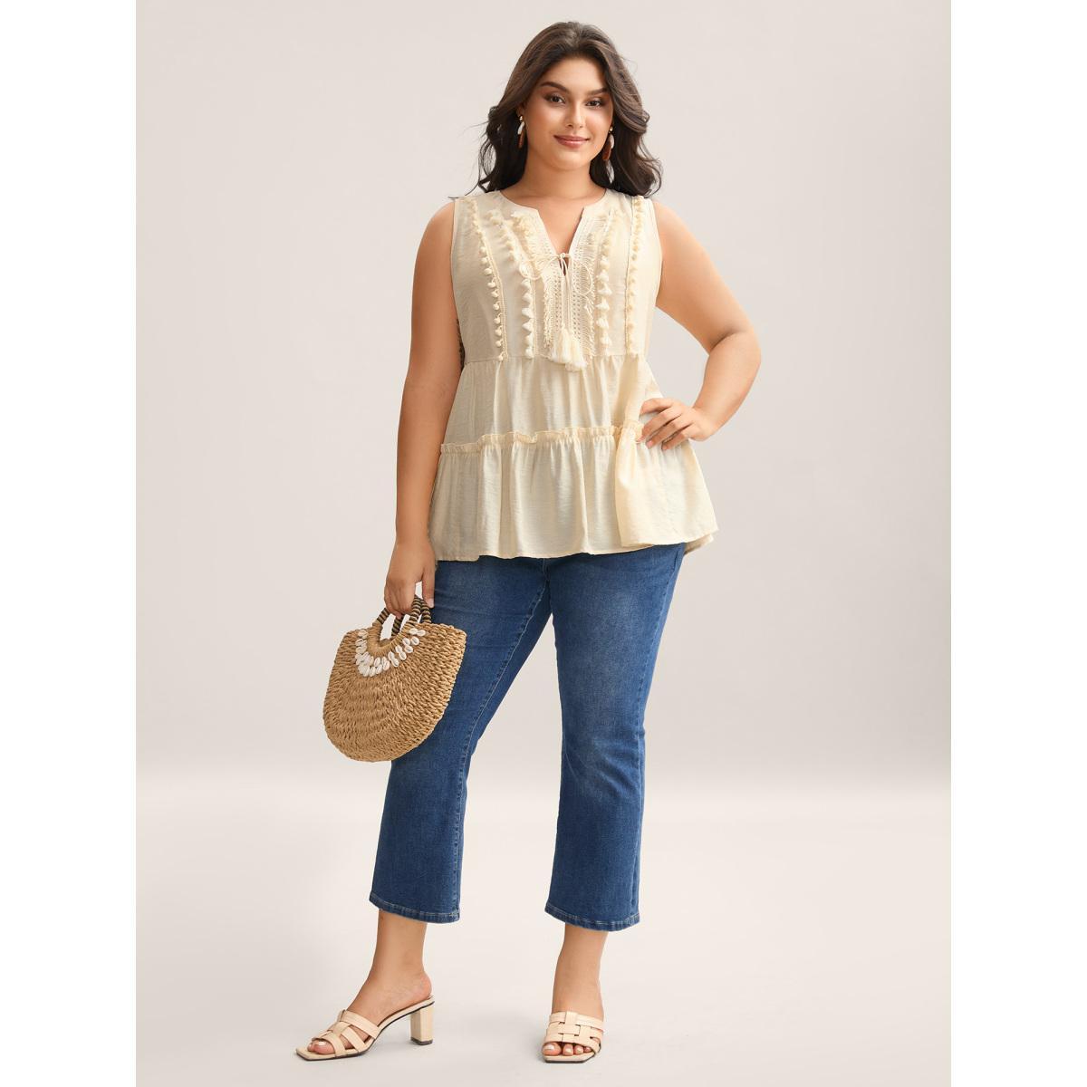 Plus Size Pure Textured Tassels Tiered Tank Top Women Beige Tie knot Notched collar Vacation Tank Tops Camis BloomChic 18-20/2X Product Image