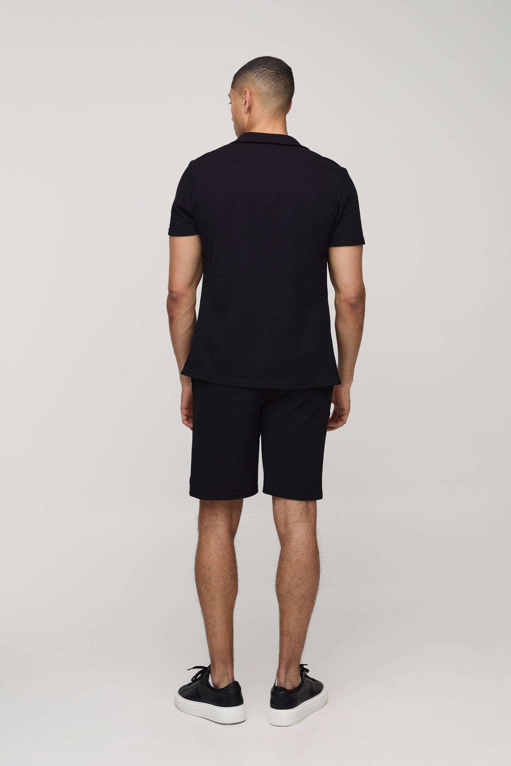 Slim Fit Short Sleeve Revere Waffle Shirt & Comfort Short Set | boohooMAN USA Product Image
