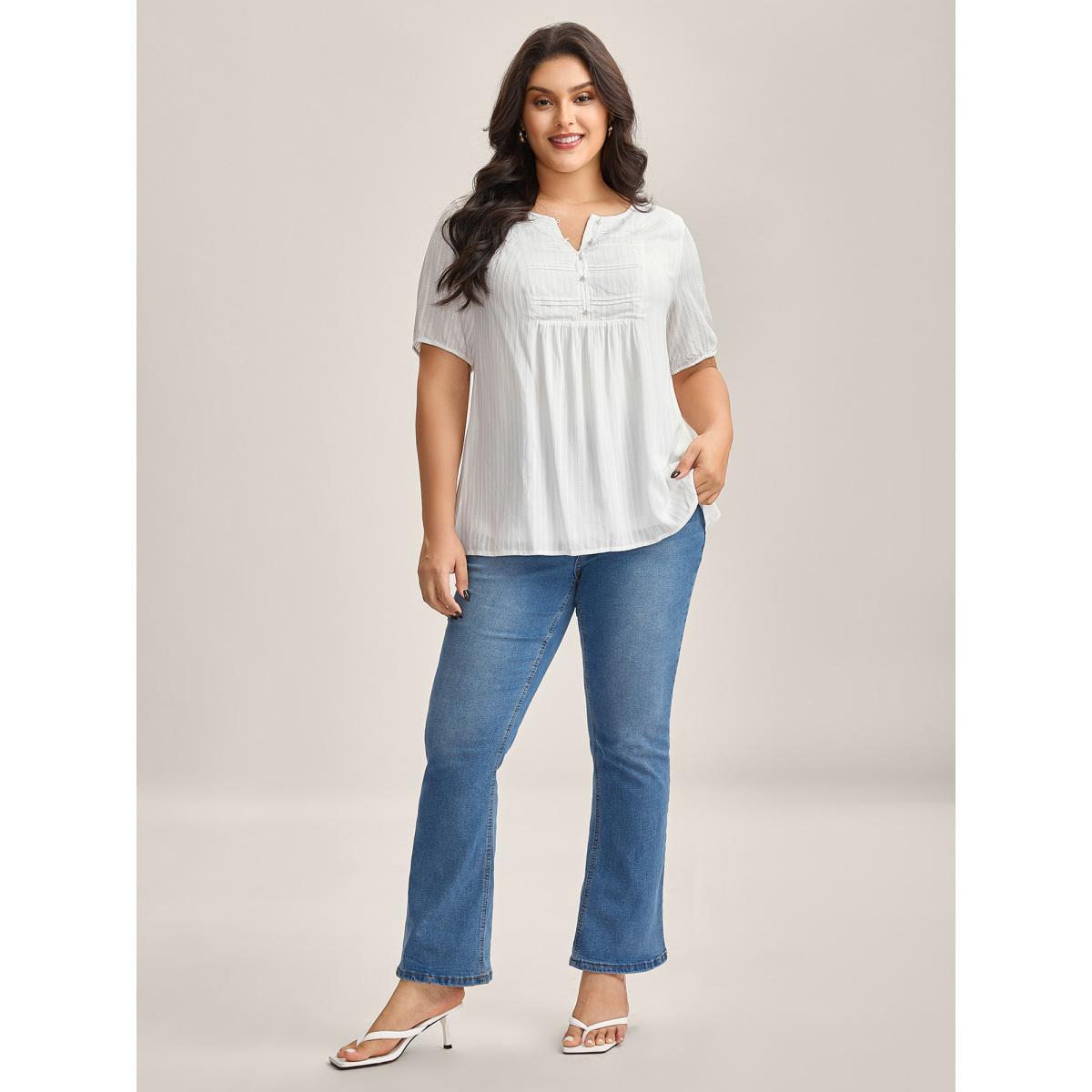 Plus Size Opticwhite Textured Pleated Bodice Plain Blouse Women Elbow-length sleeve Round Neck Everyday-Elegant Blouses BloomChic 22-24/3X Product Image