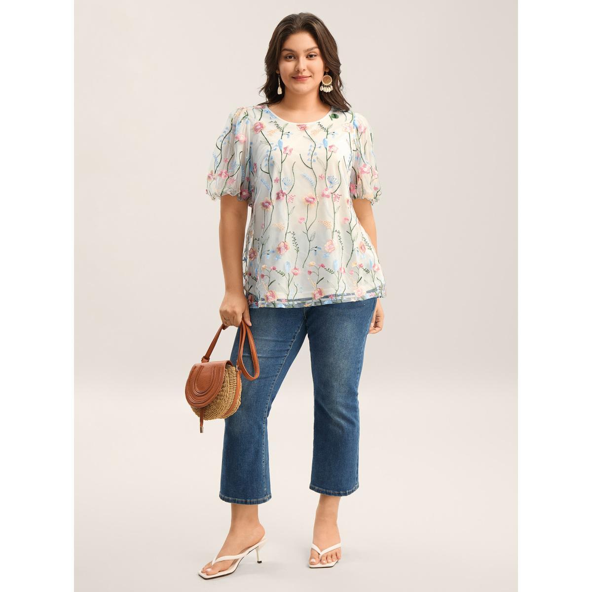 Plus Size Originalwhite Floral Embroidered Mesh Bubble Sleeve Blouse Women Short sleeve Round Neck Vacation Blouses BloomChic 22-24/3X Product Image
