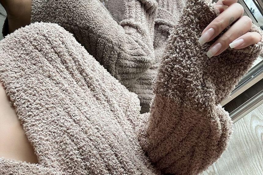 Pajama Set: V-Neck Plain Ribbed Cardigan + Straight Leg Pants Product Image