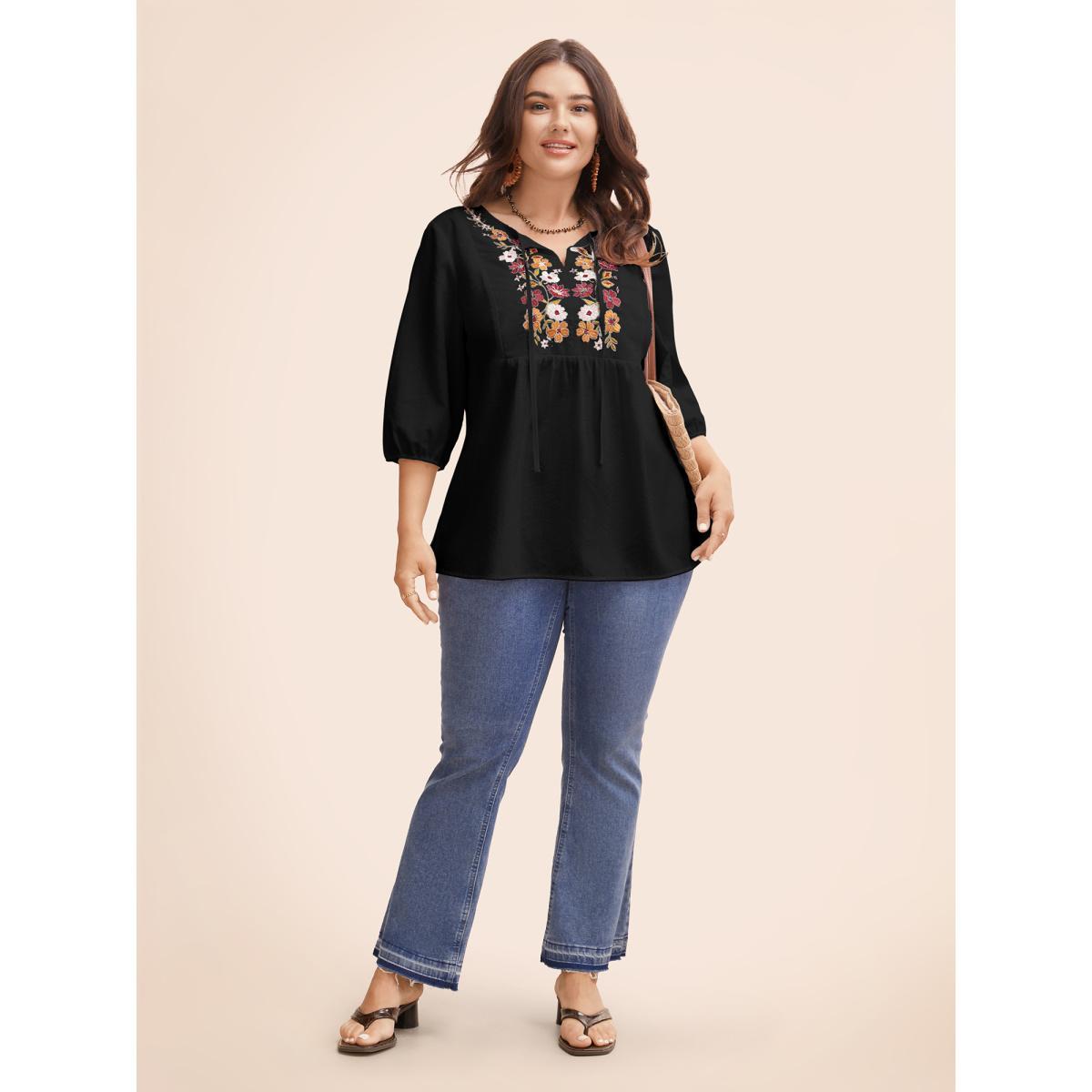 Plus Size Black Floral Embroidered Tie Knot Lantern Sleeve Blouse Women Resort Elbow-length sleeve V-neck Vacation Blouses BloomChic 22-24/3X Product Image